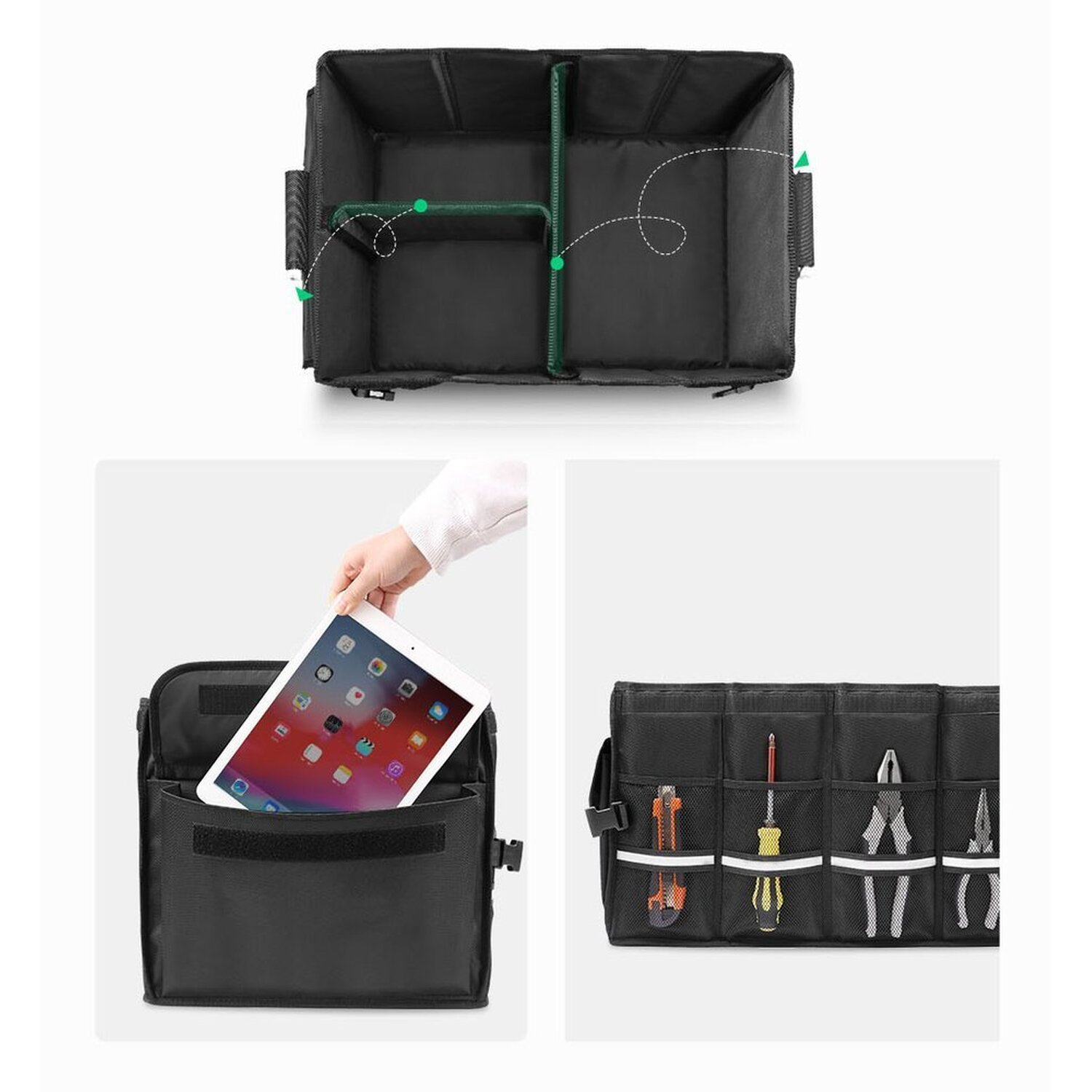 Schwarzer Auto-Organizer mit Fächern. Tablet in der Tasche. Werkzeuge in Seitentaschen. Weißer Hintergrund.
