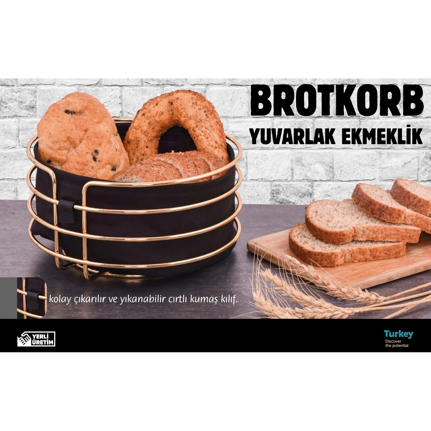 Ein Brotkorb mit Brot und Brotscheiben, Text auf Deutsch und Türkisch.