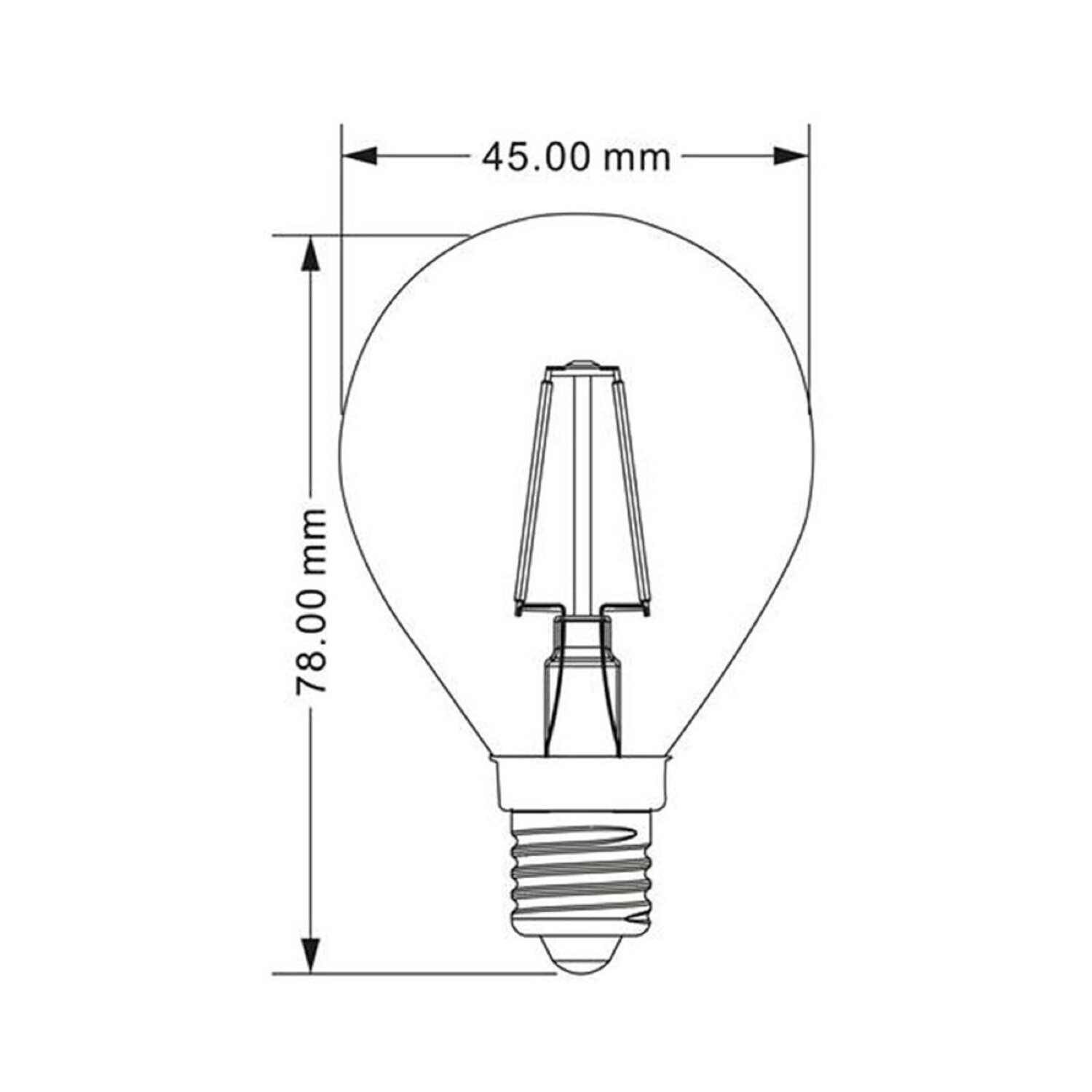 Strichzeichnung einer Glühbirne mit den Maßen: 78mm Höhe, 45mm Breite.