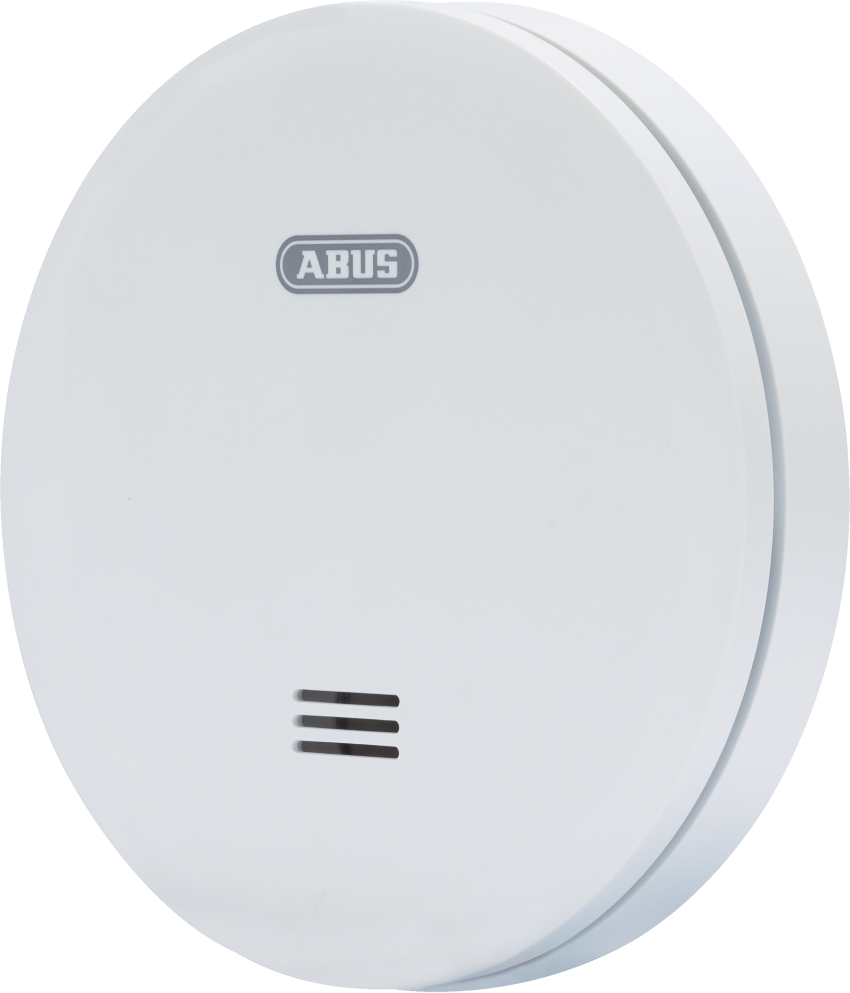 Weißer Rauchmelder mit ABUS-Logo. Hat drei horizontale Schlitze unter dem Logo.