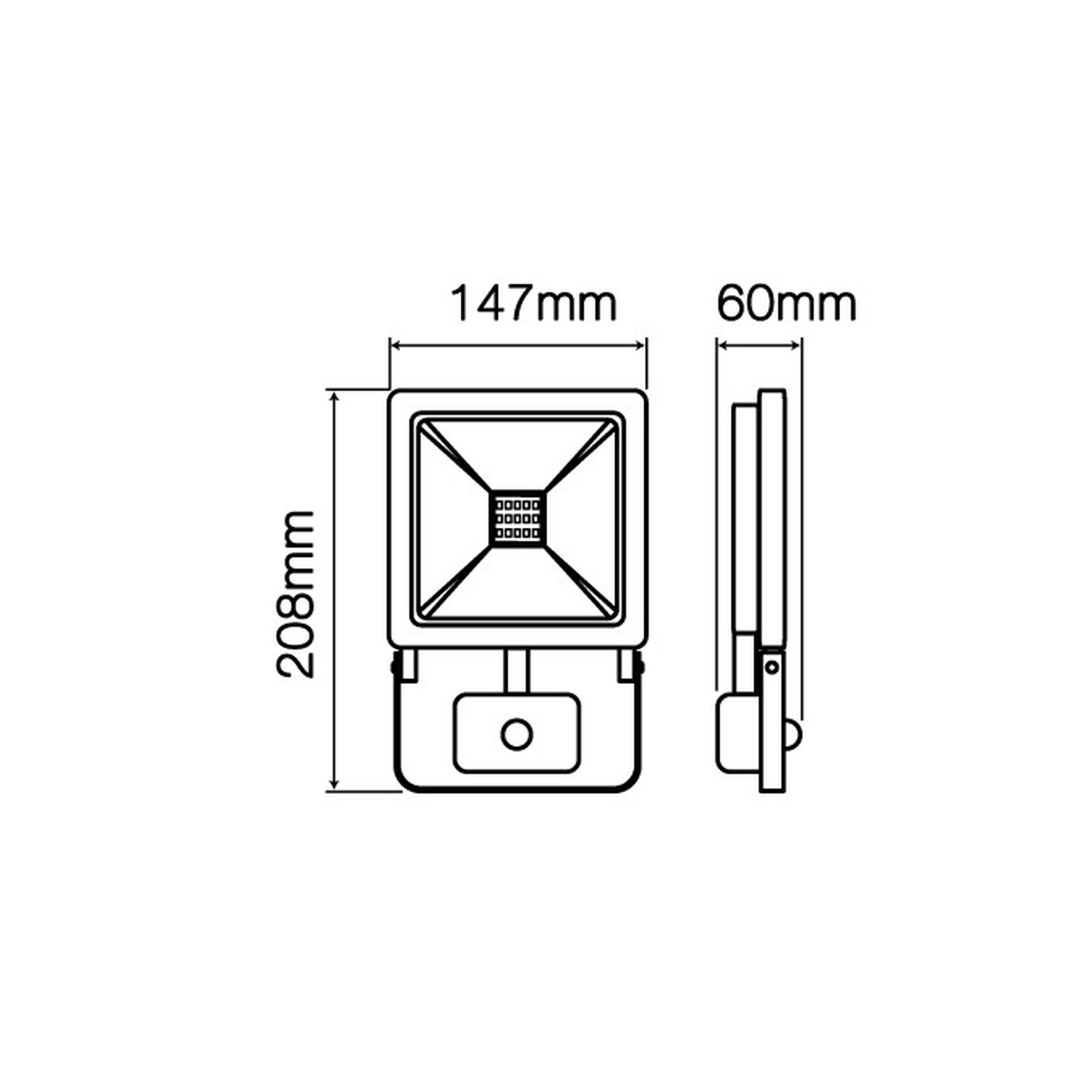 Diagramm einer rechteckigen LED-Leuchte, das Abmessungen und Seitenansicht zeigt.
