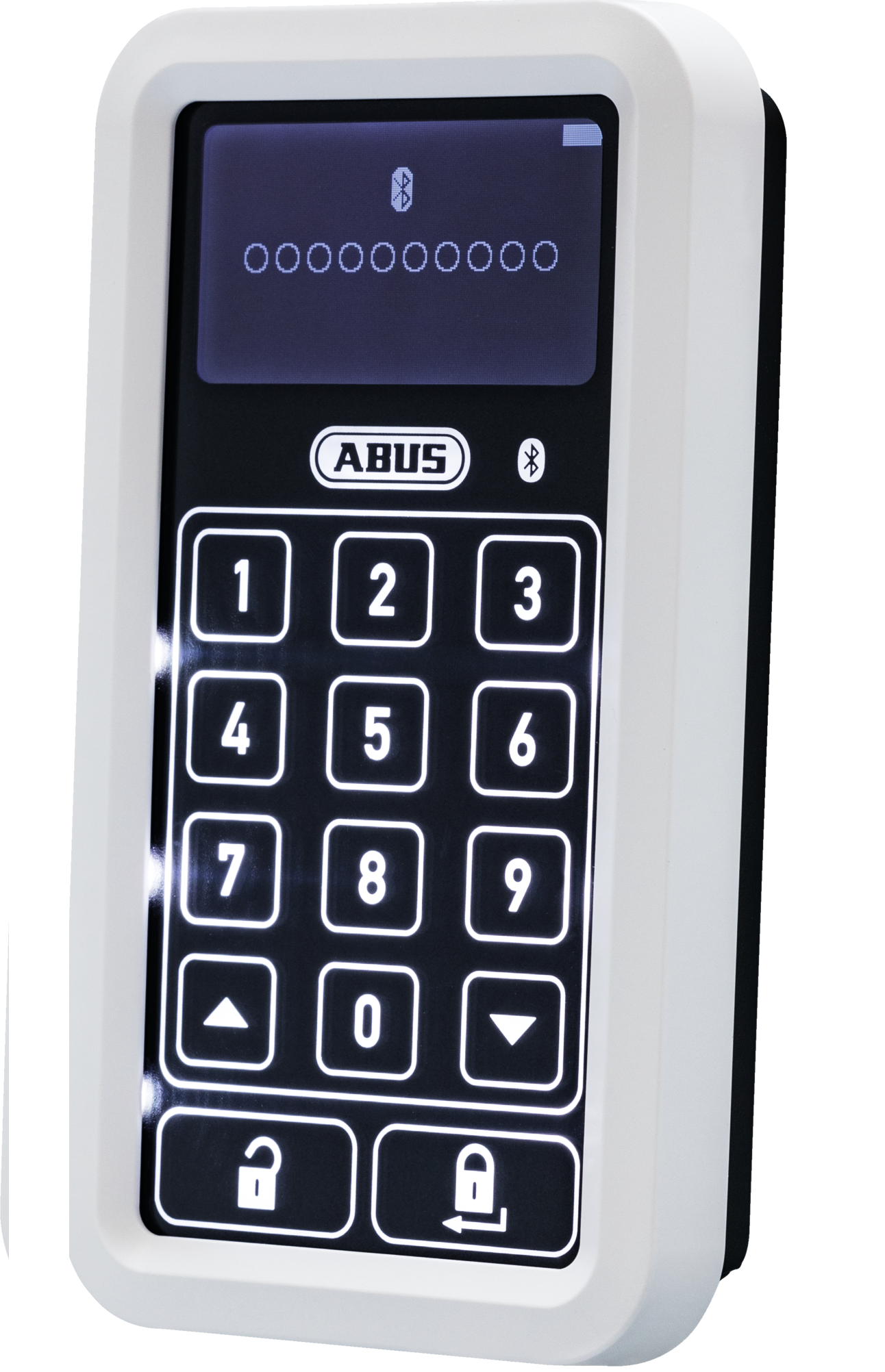 Ein weißes Tastatur-Sicherheitssystem mit Tasten und Display. Weißer Hintergrund. Bluetooth-Symbol.