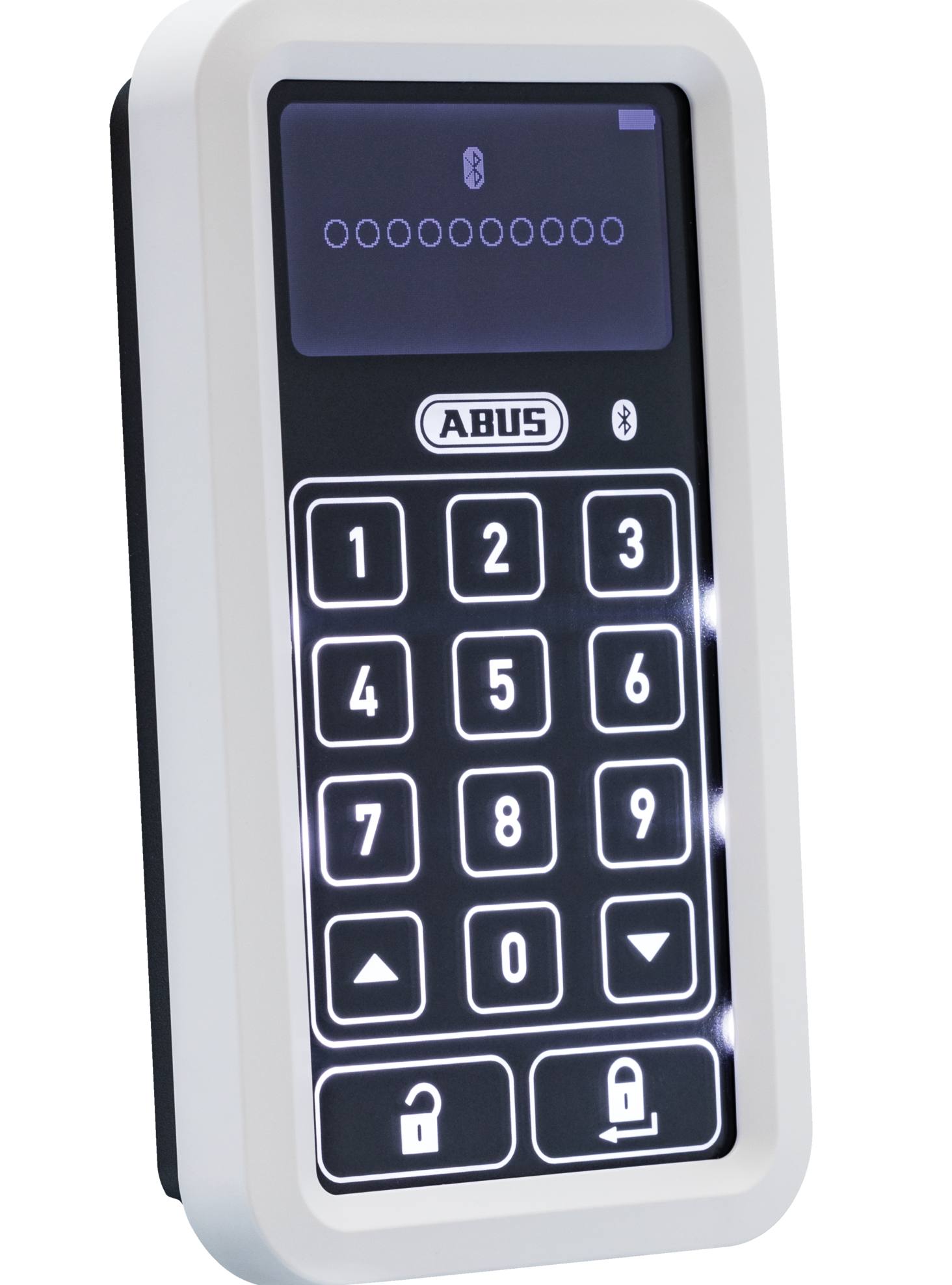 Weißes ABUS-Tastenfeld mit beleuchteten Tasten und Display mit Zahlen und Symbolen.