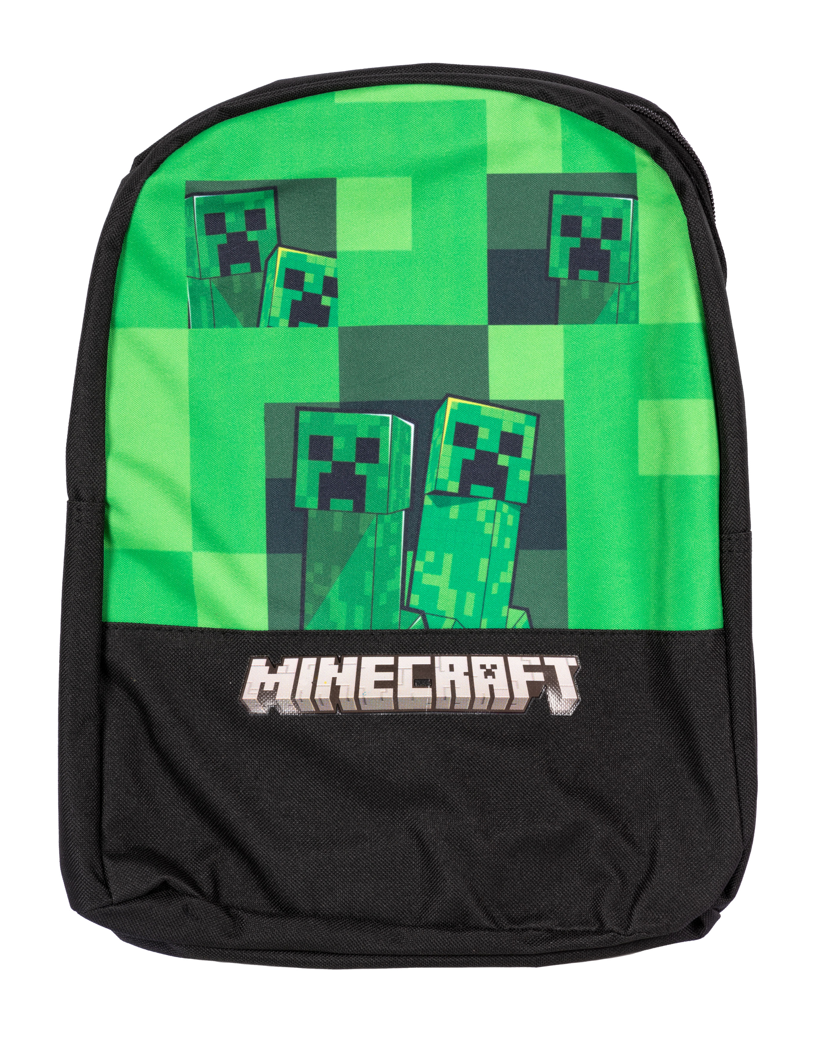 Ein Minecraft-Rucksack mit grünen, pixeligen Creeper-Gesichtern auf schwarzem Grund.