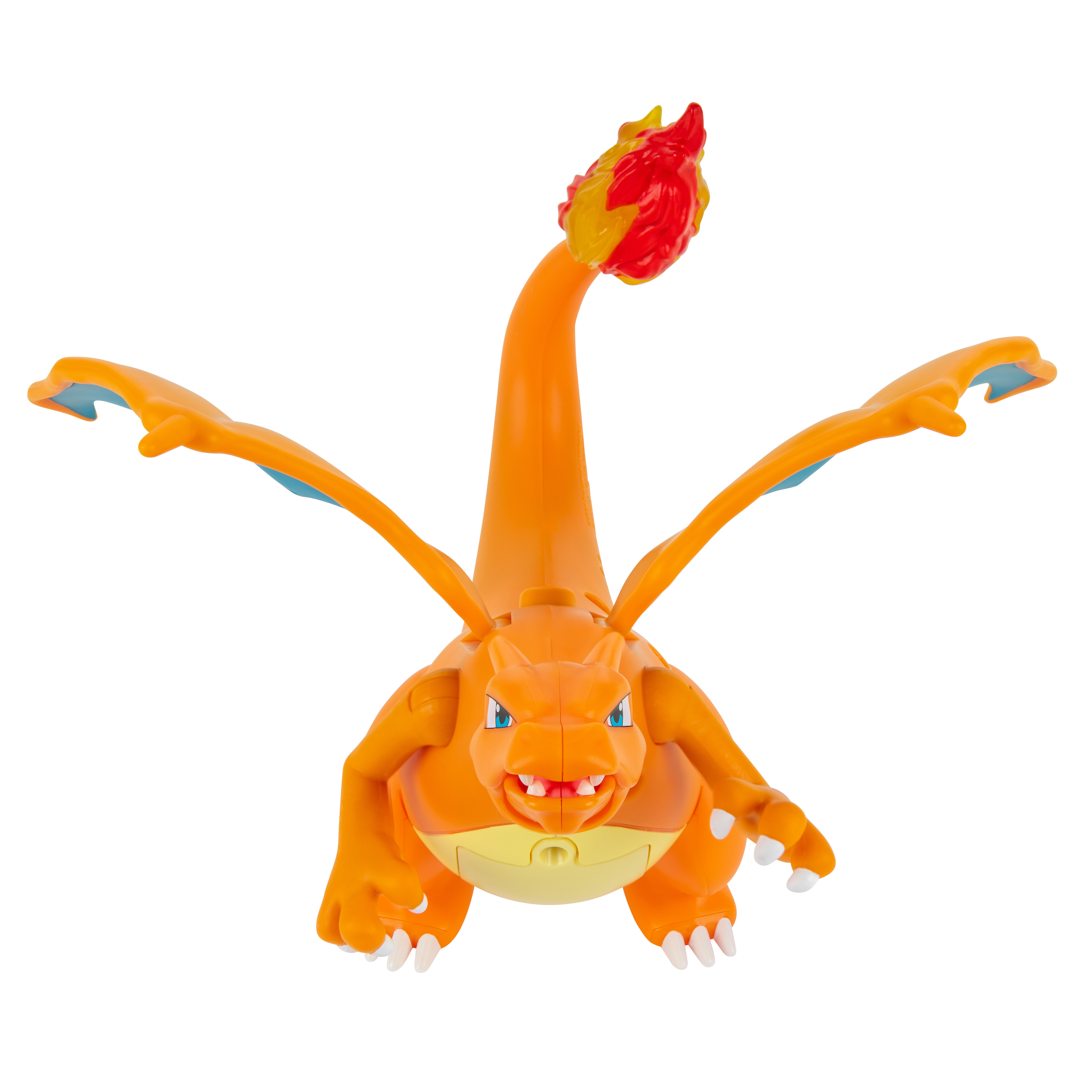 Orangene Charizard-Spielfigur mit ausgebreiteten Flügeln. Weißer Hintergrund. Rote und gelbe Flammen.