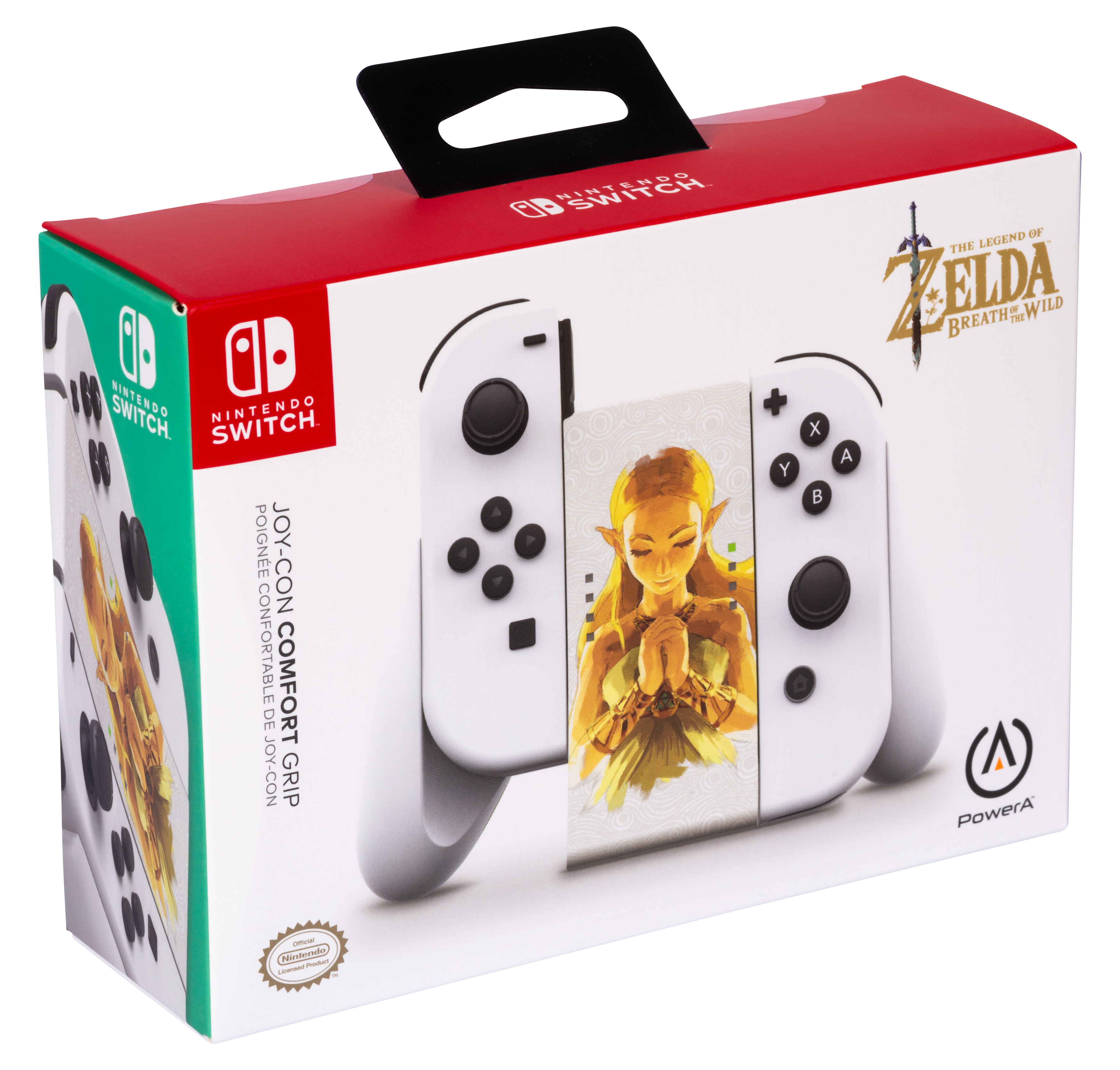 Box mit Joy-Con und Spiel. Weiße Controller. Bild von Zelda auf der Box und den Controllern.