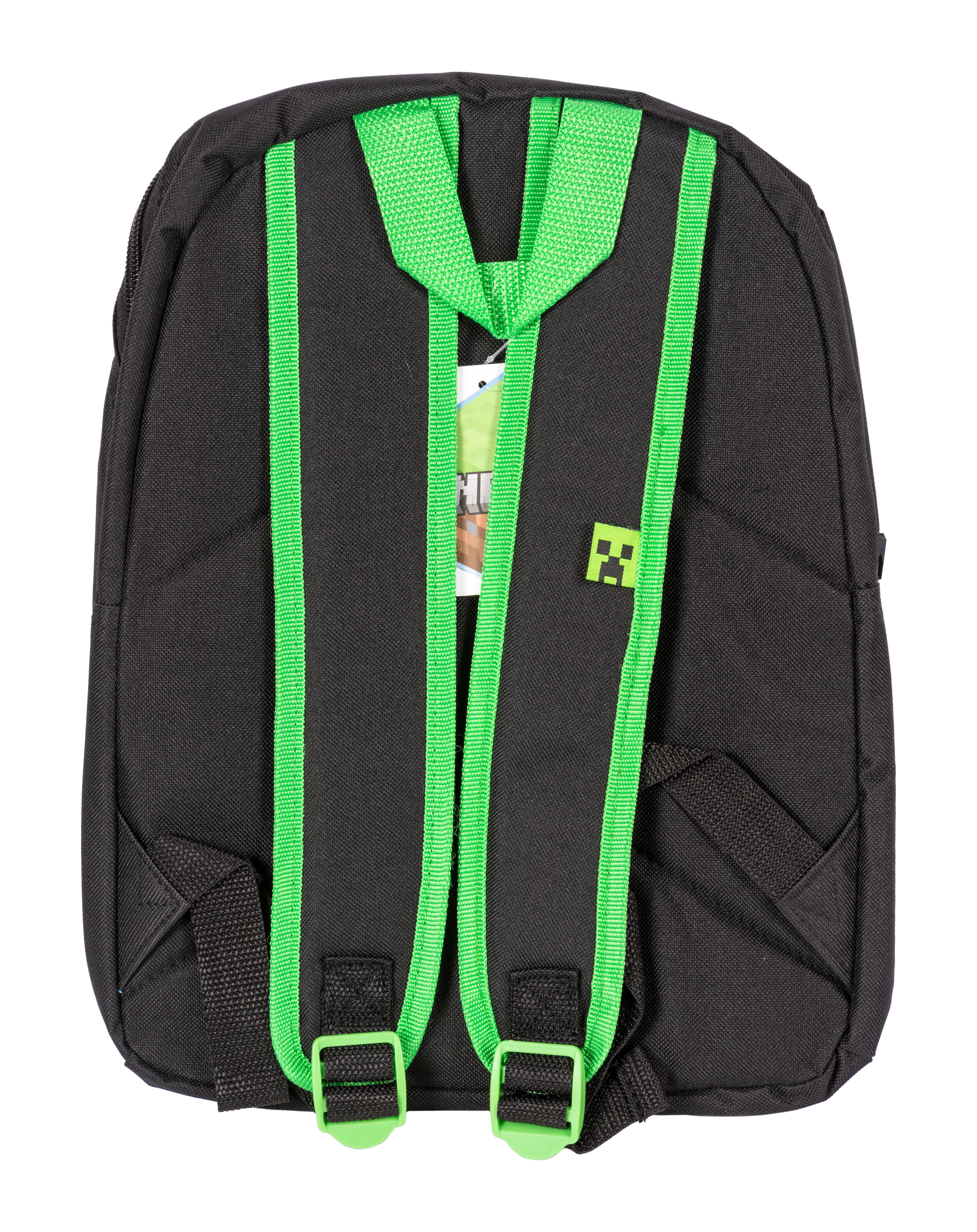 Schwarzer Rucksack mit grünen Trägern und einem grünen Minecraft-Logo an der Seite.
