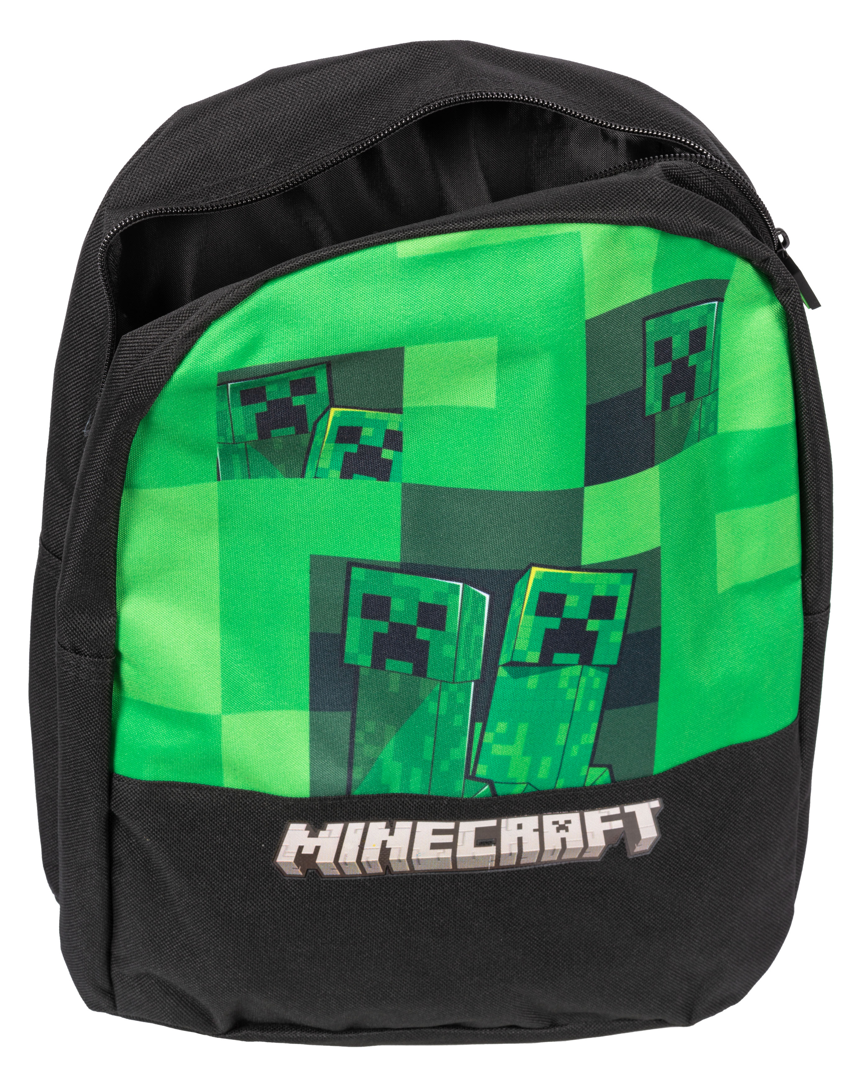 Schwarzer Rucksack mit grünem Minecraft Creeper-Design.