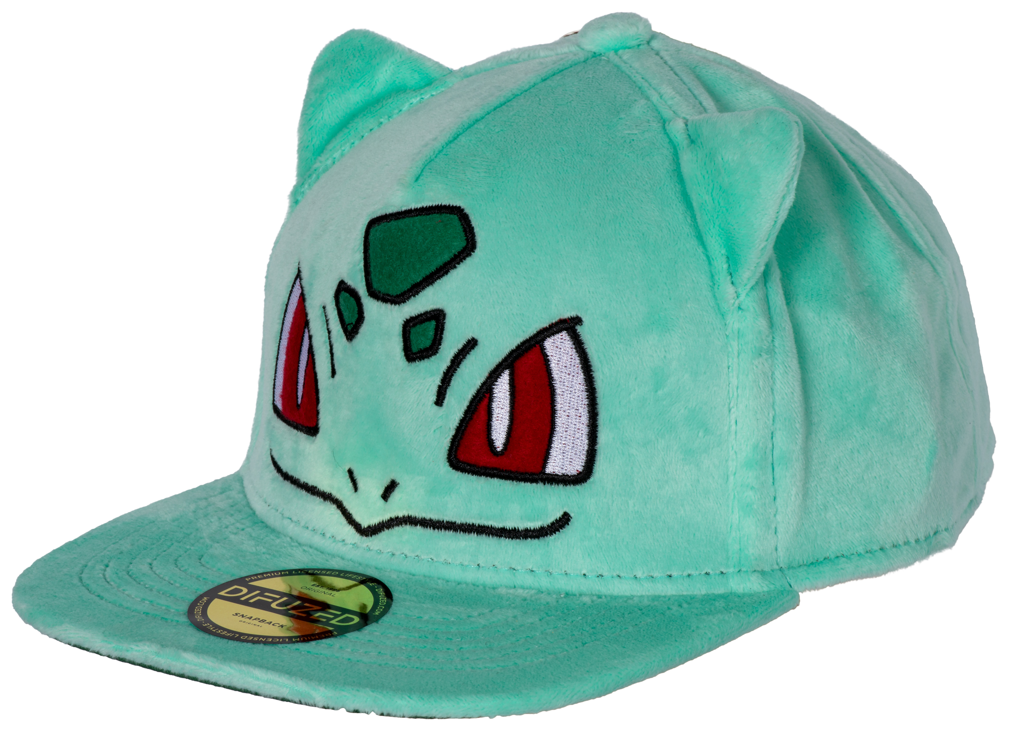 Eine grüne Kappe mit Bulbasaur-Gesicht. Die Kappe hat einen gebogenen Schirm und ist hellgrün.