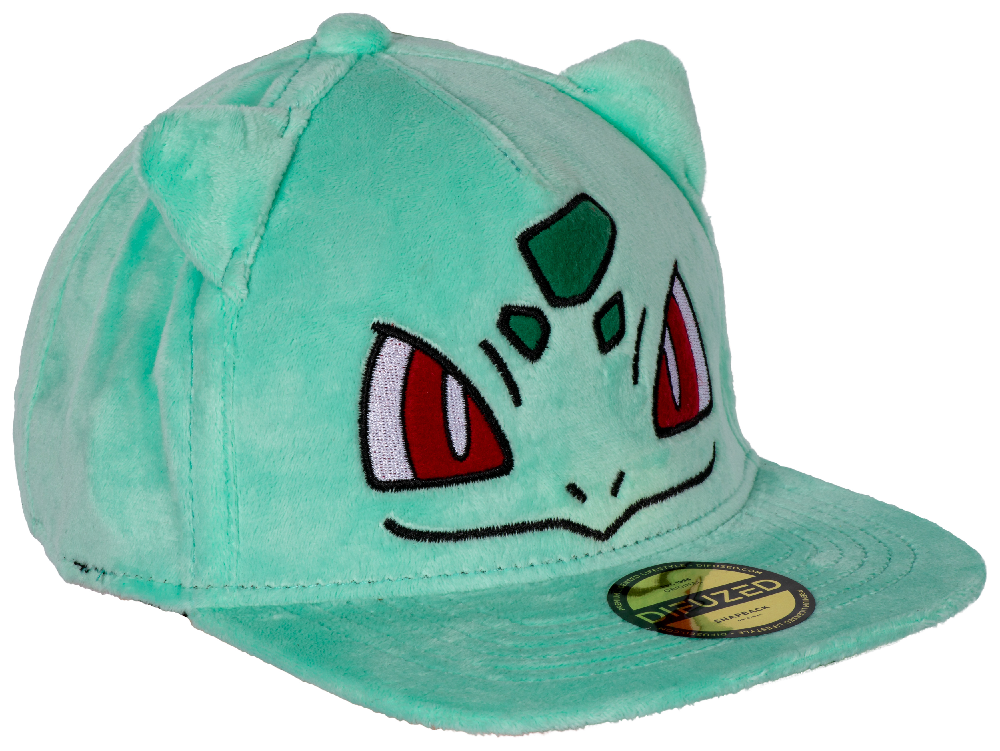 Bulbasaur-Hut mit grünem Gesicht und roten Augen. Weißer Hintergrund.