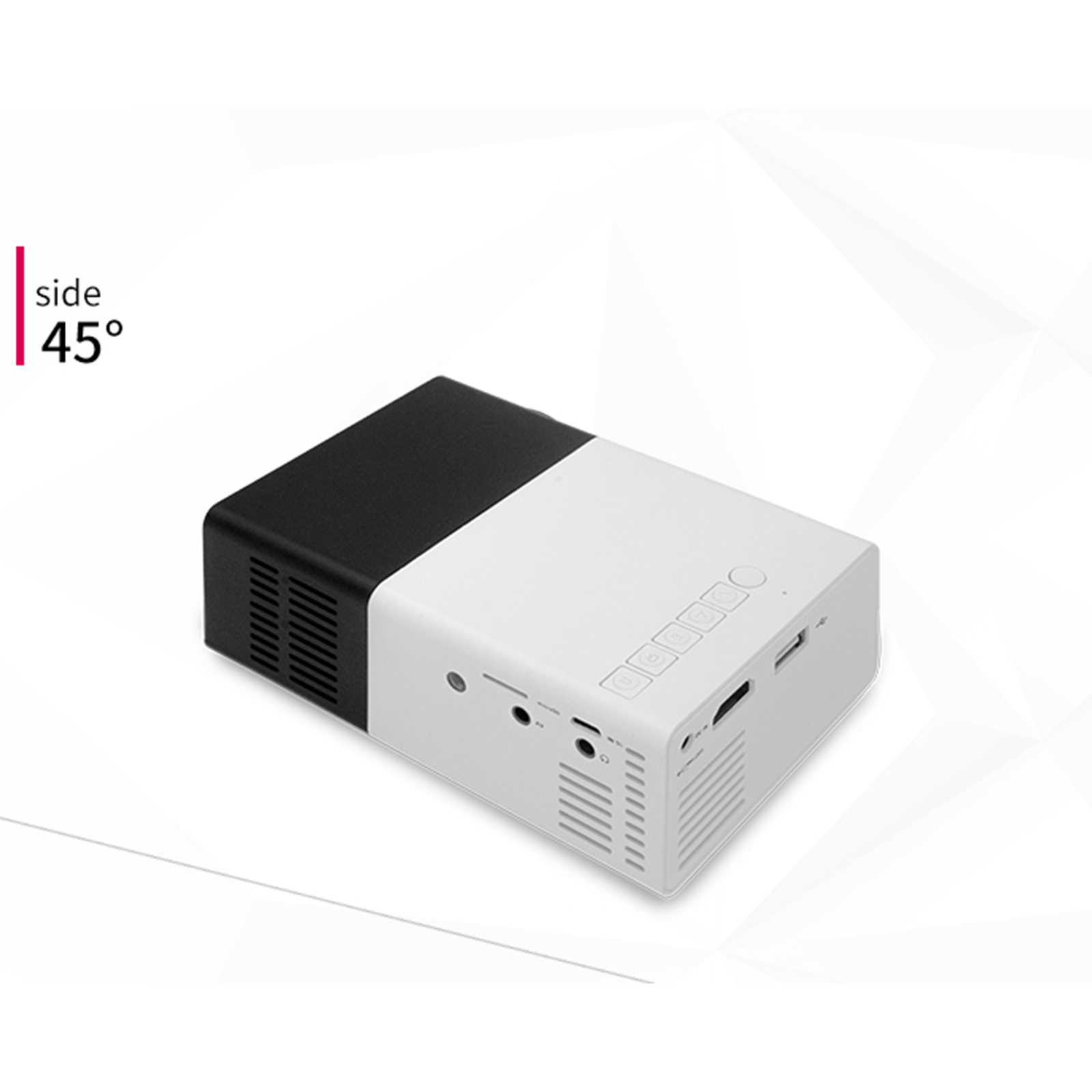 Un mini proyector blanco y negro. Vista lateral. El texto indica 45 grados.