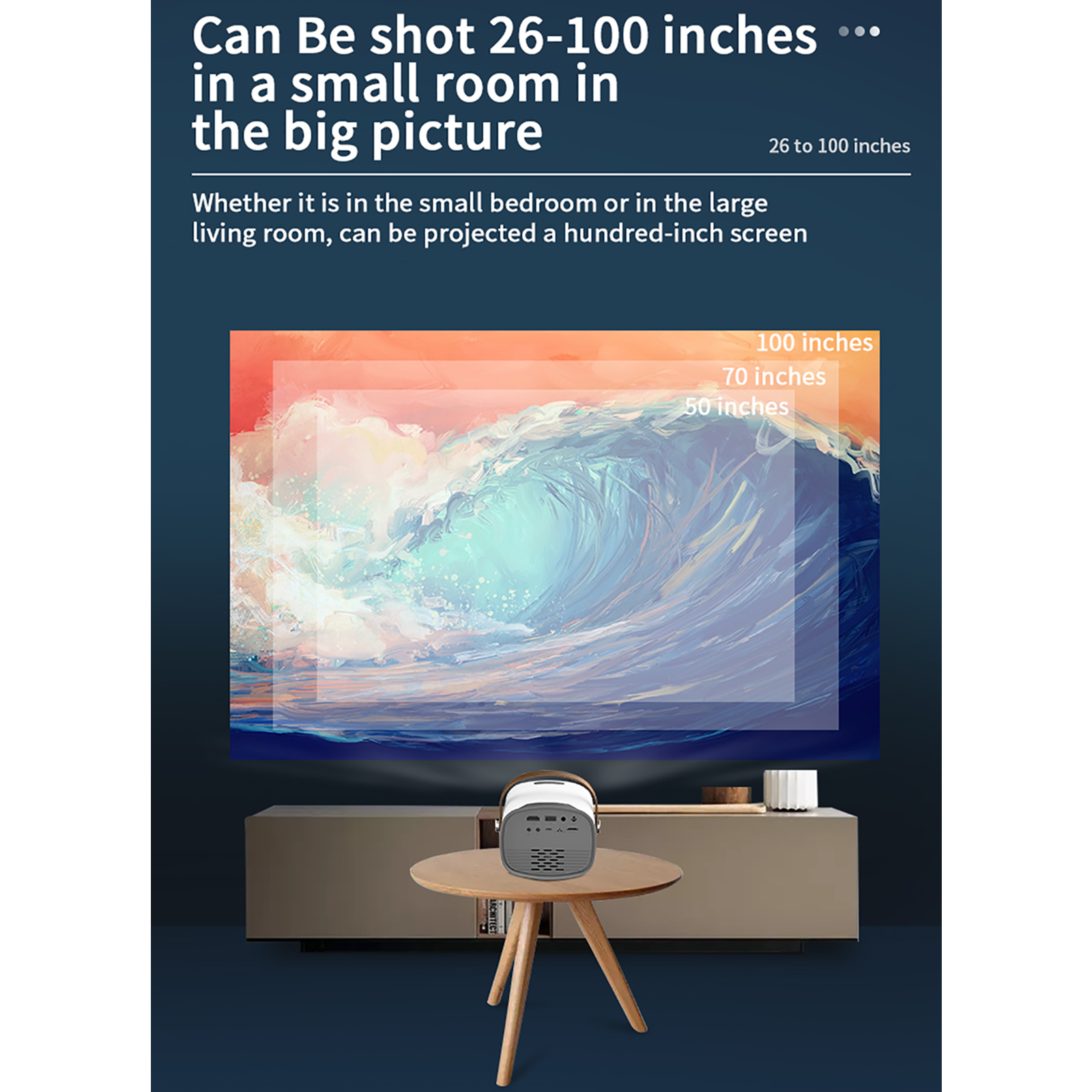Un proyector sobre una mesa, proyectando una imagen en una pared. La imagen muestra una ola.
