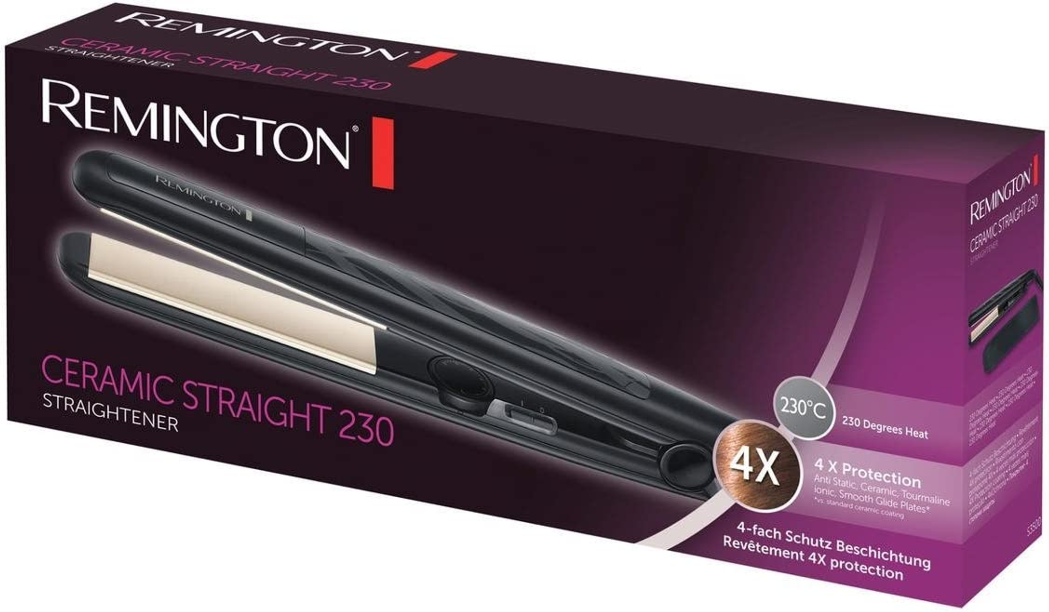 Una caja de plancha para el cabello negra y morada con el nombre del producto y sus características.