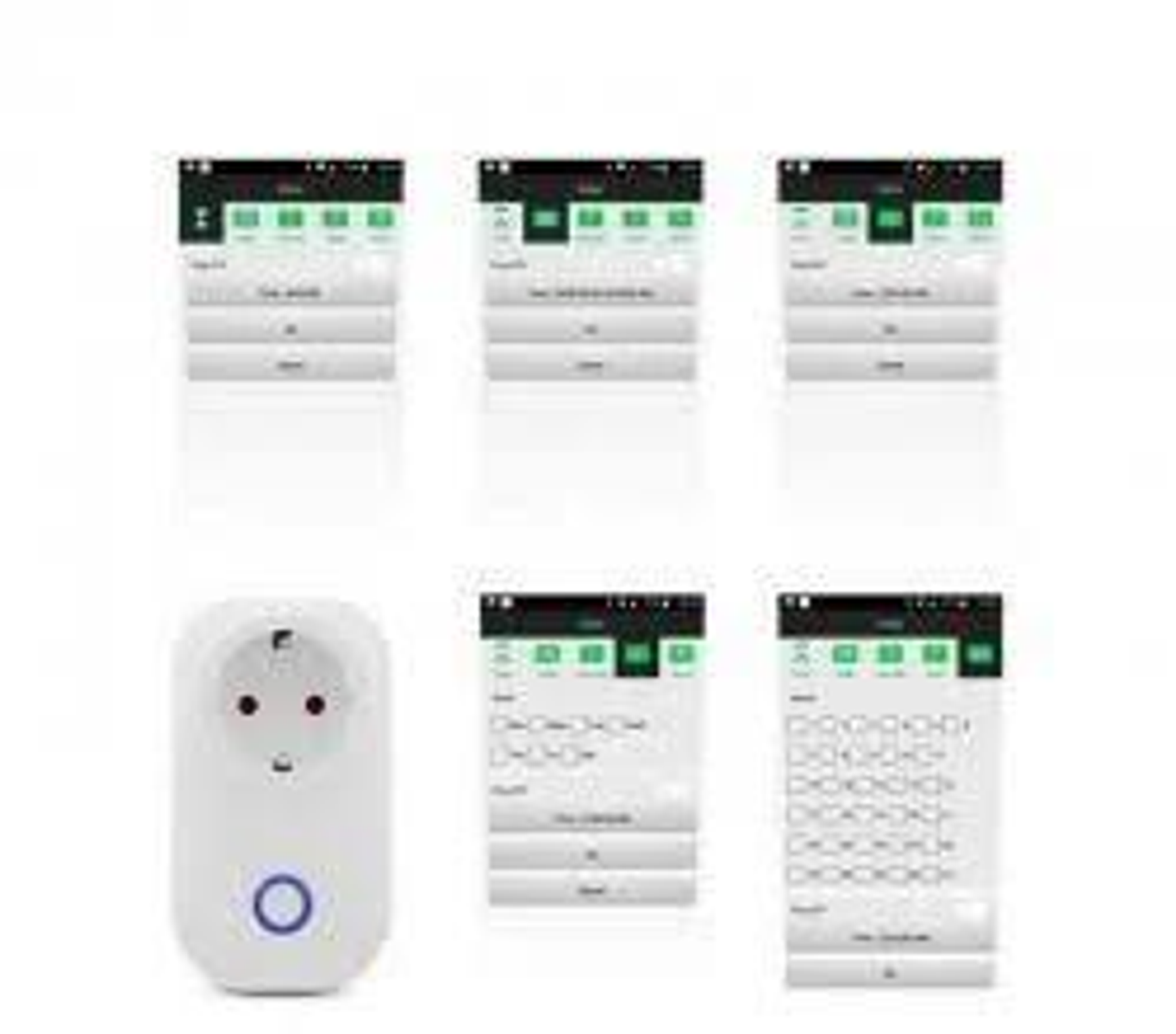 Biała wtyczka smart i ekran smartfona wyświetlający ustawienia i harmonogramy.