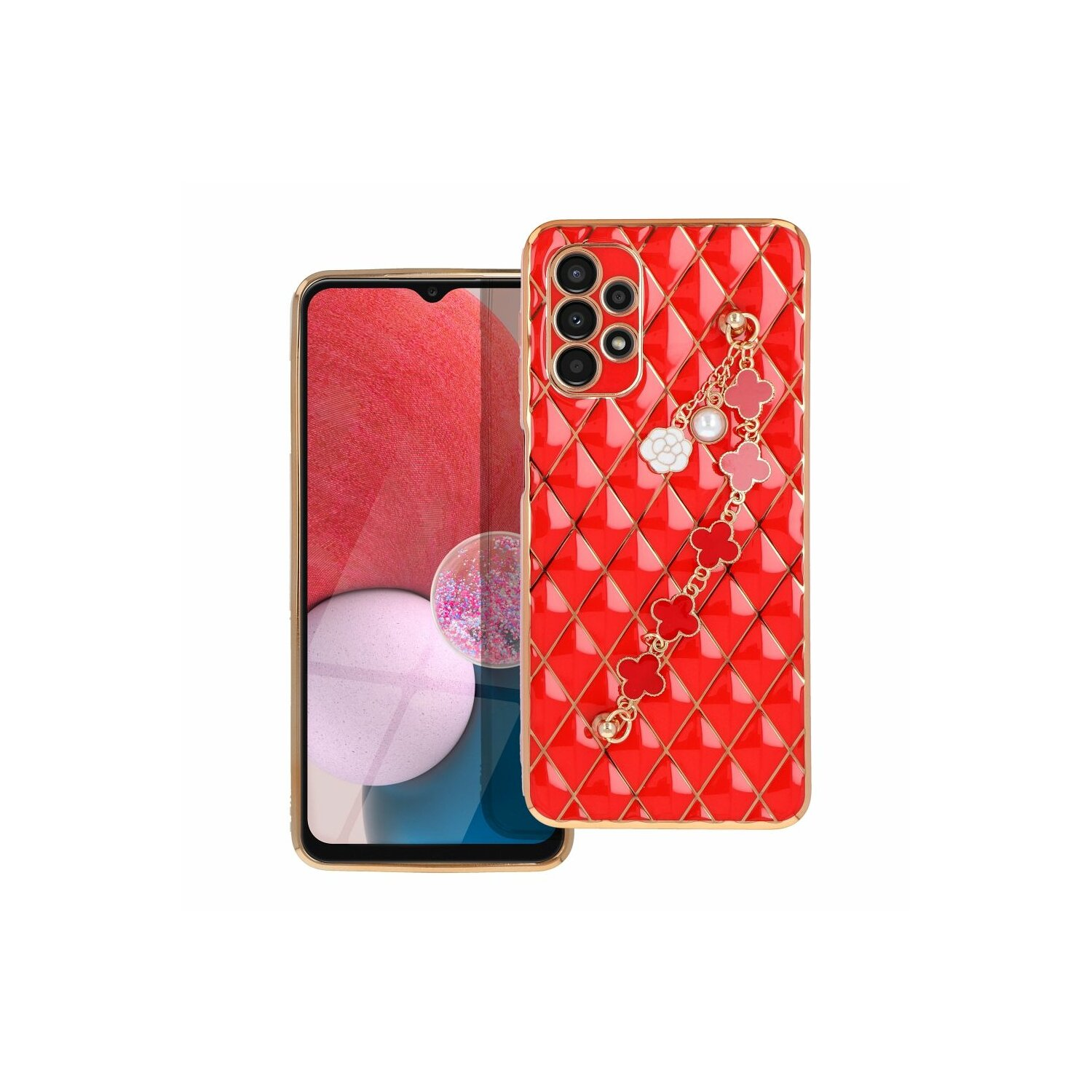 Custodia rossa per telefono con cornice dorata, telefono all'interno. Sfondo bianco.
