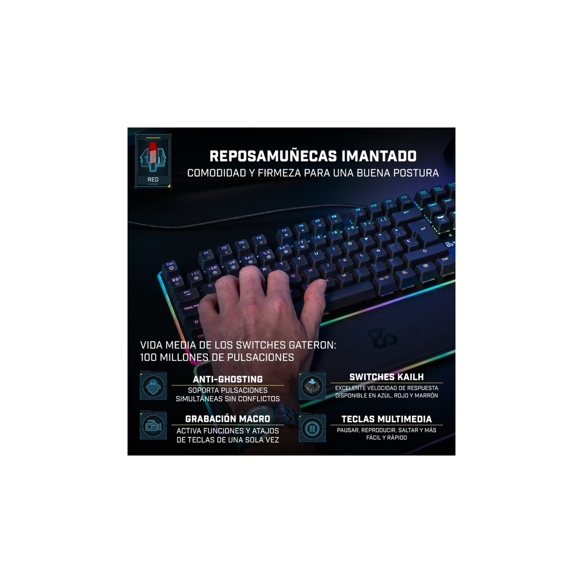 Una tastiera da gioco nera con poggiapolsi rosso e tasti multicolore.