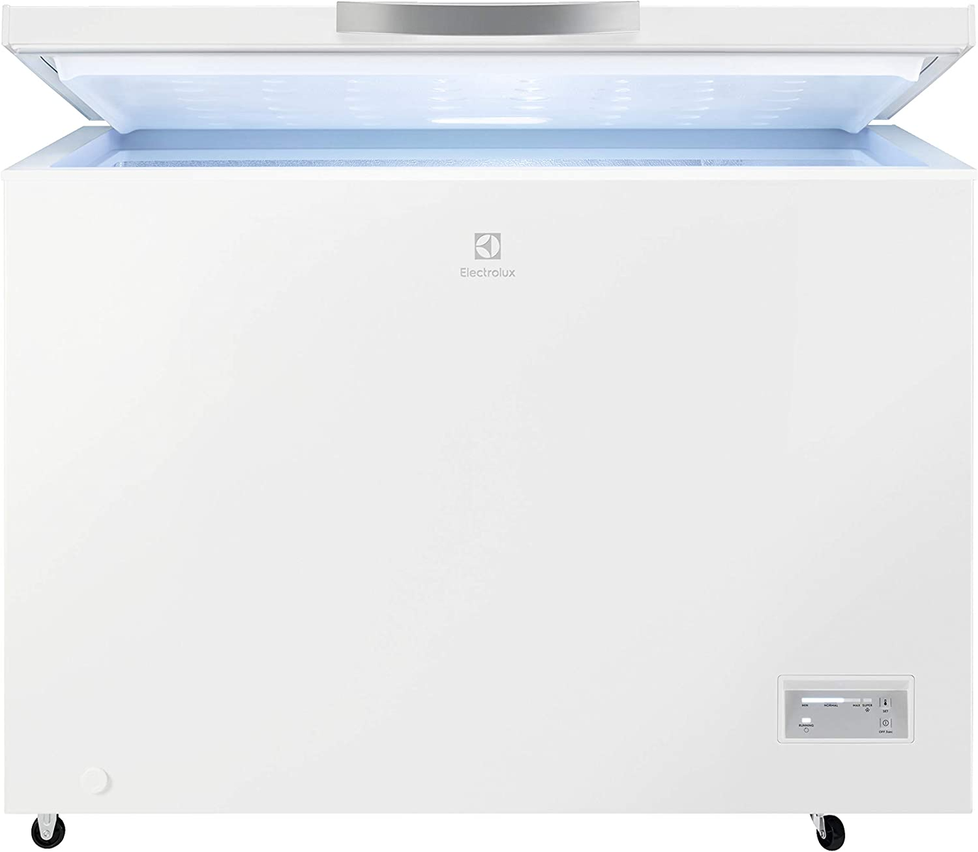 Congelatore a pozzetto bianco con la porta aperta. Il logo Electrolux è visibile.