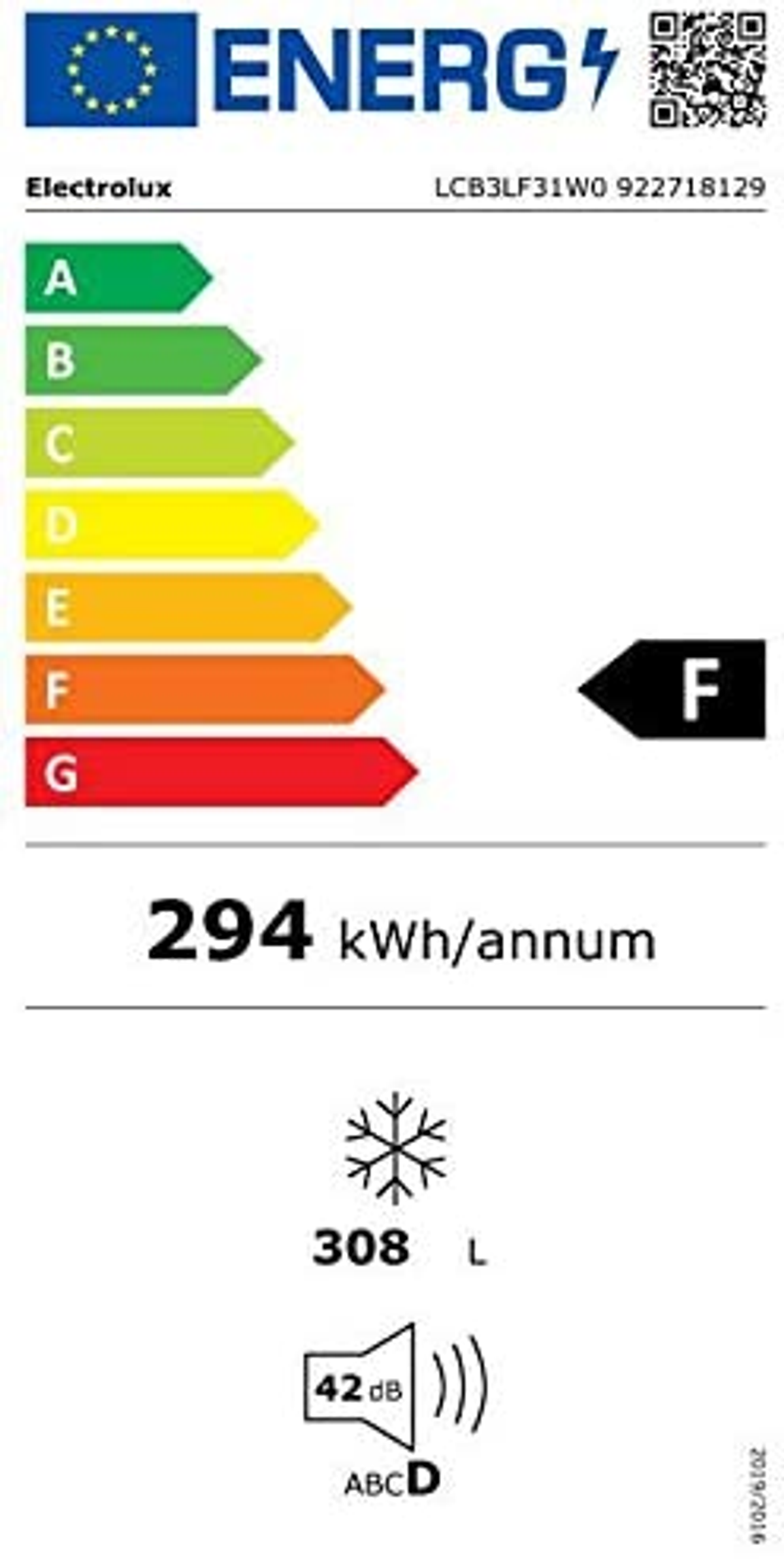 Etichetta energetica, colorata, con dettagli sull'efficienza.