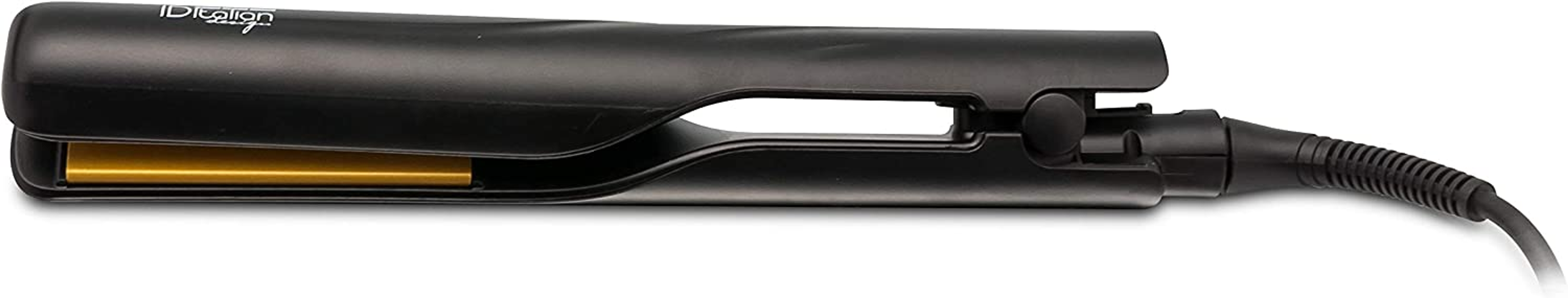 Czarna prostownica do włosów ze złotymi płytkami.