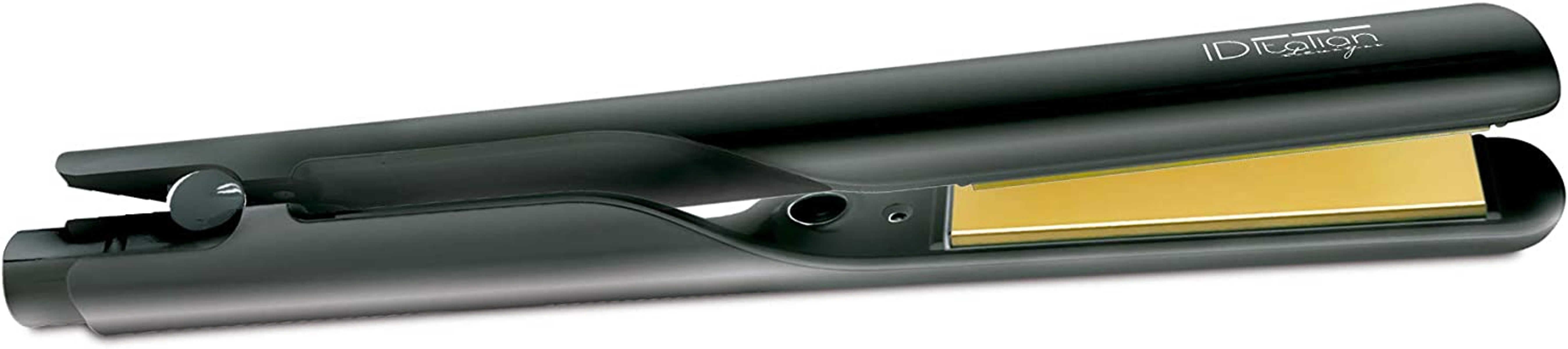 Czarna prostownica do włosów ze złotą płytką grzewczą.