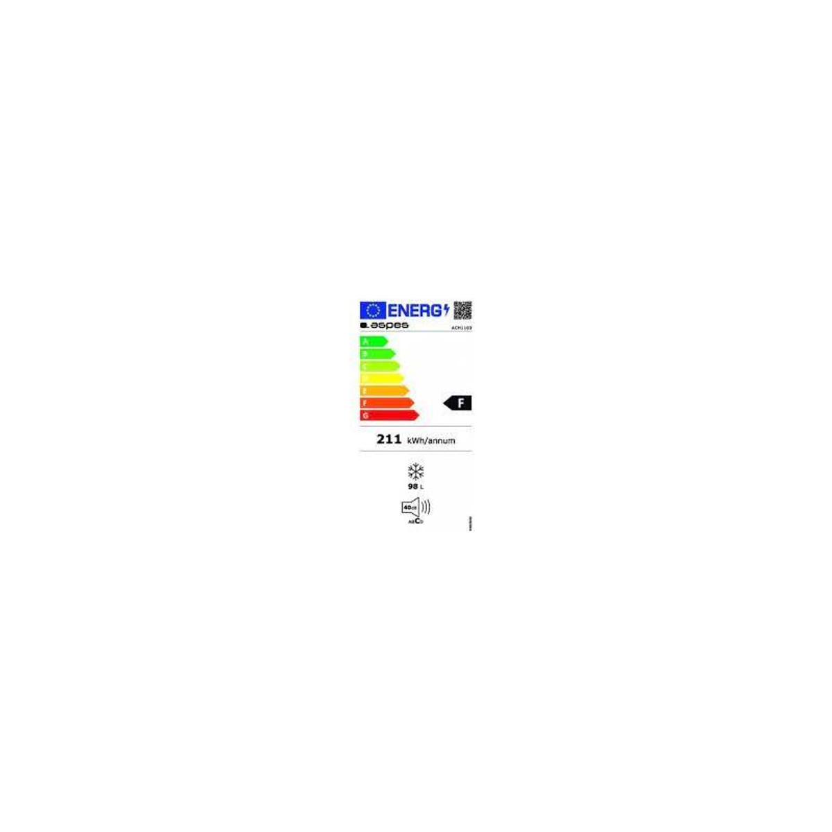 Etichetta energetica per un frigorifero, che mostra la classe di efficienza energetica F.