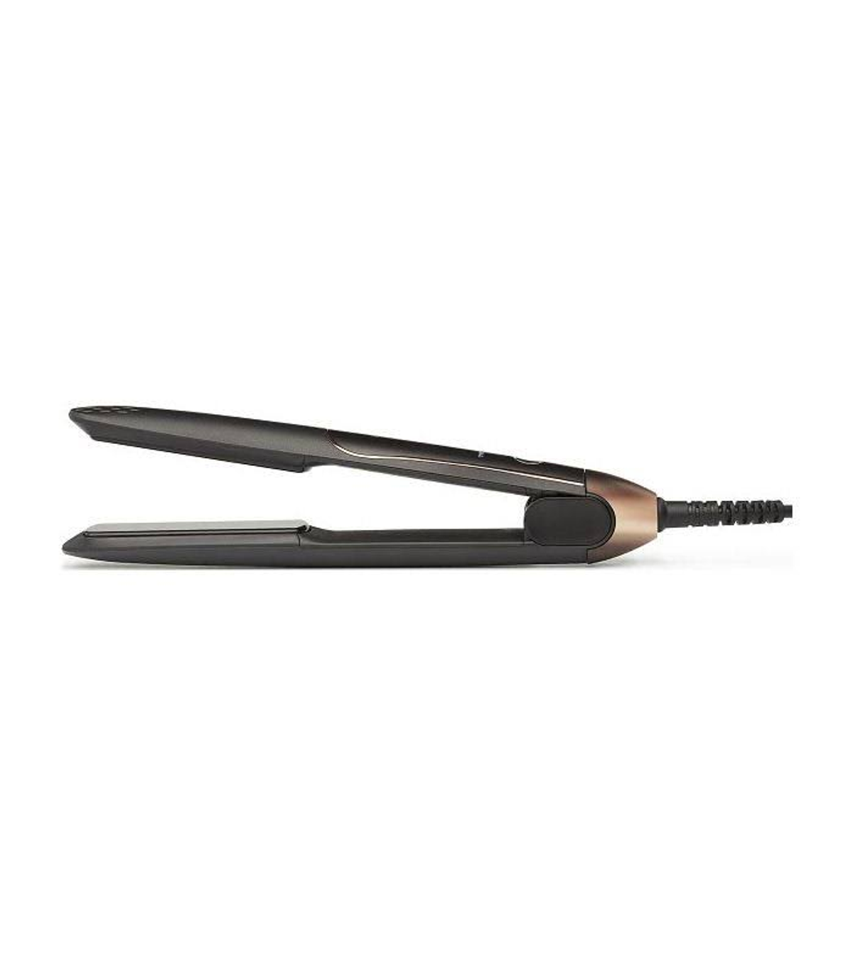 Schwarzer und bronzefarbener Haarglätter, geschlossen. Schlankes Design, auf weißem Hintergrund.
