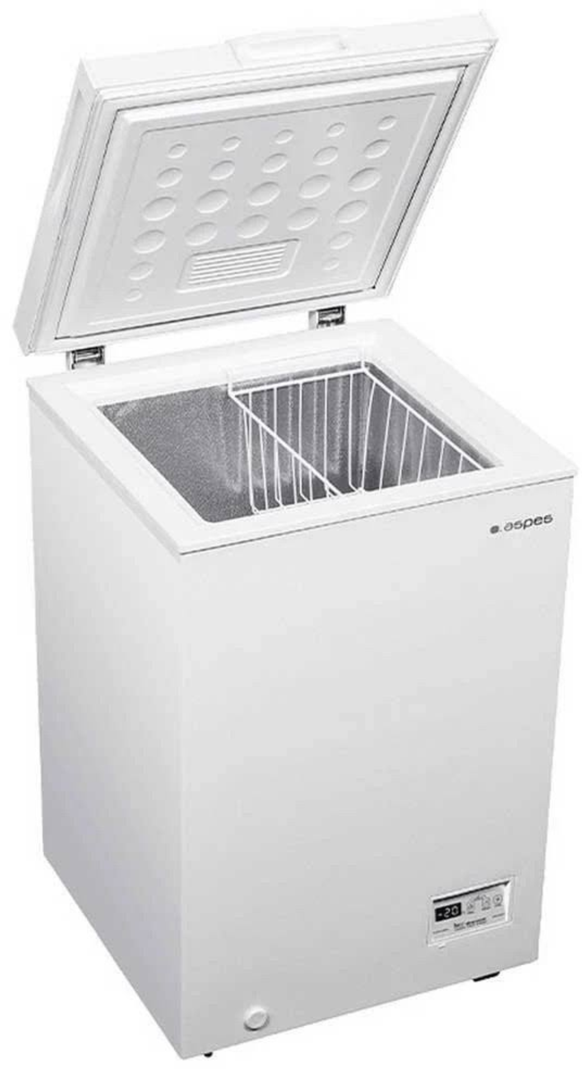 Congelatore a pozzetto bianco con coperchio aperto. All'interno un cestello in filo.