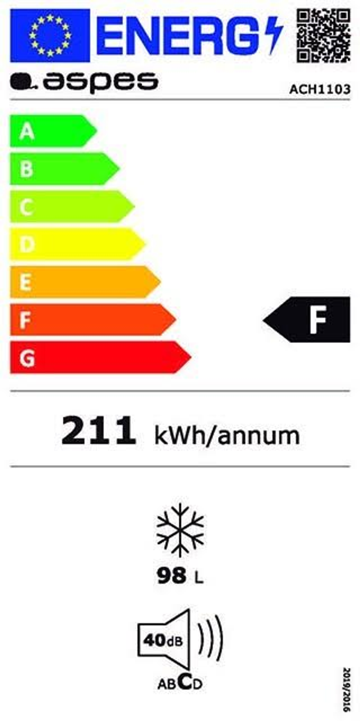 Etichetta energetica per un frigorifero. Mostra l'efficienza energetica, kWh e altre informazioni.