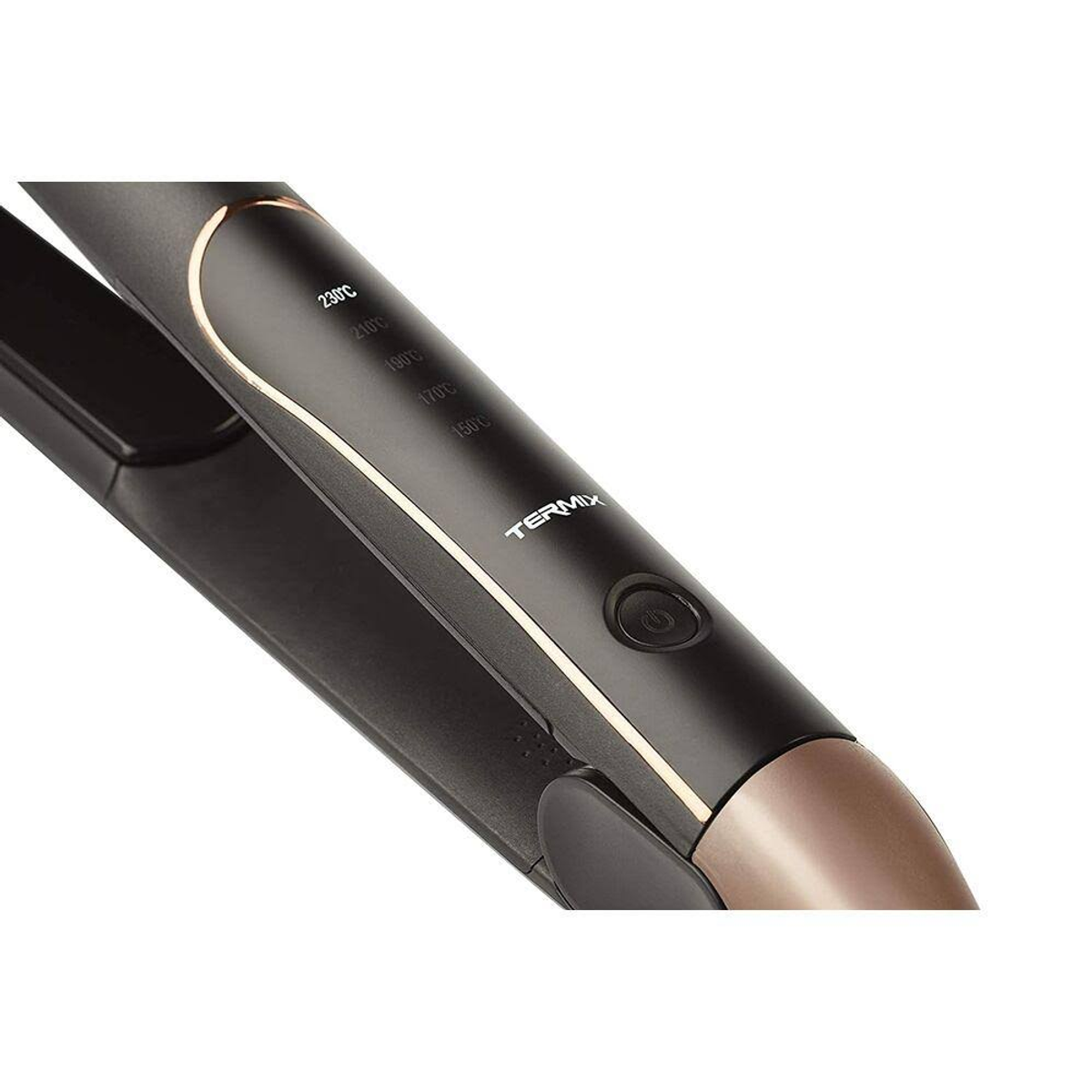 Haarglätter mit Temperatureinstellungen. Schwarz-Gold-Farbschema. Ein/Aus-Taste sichtbar.