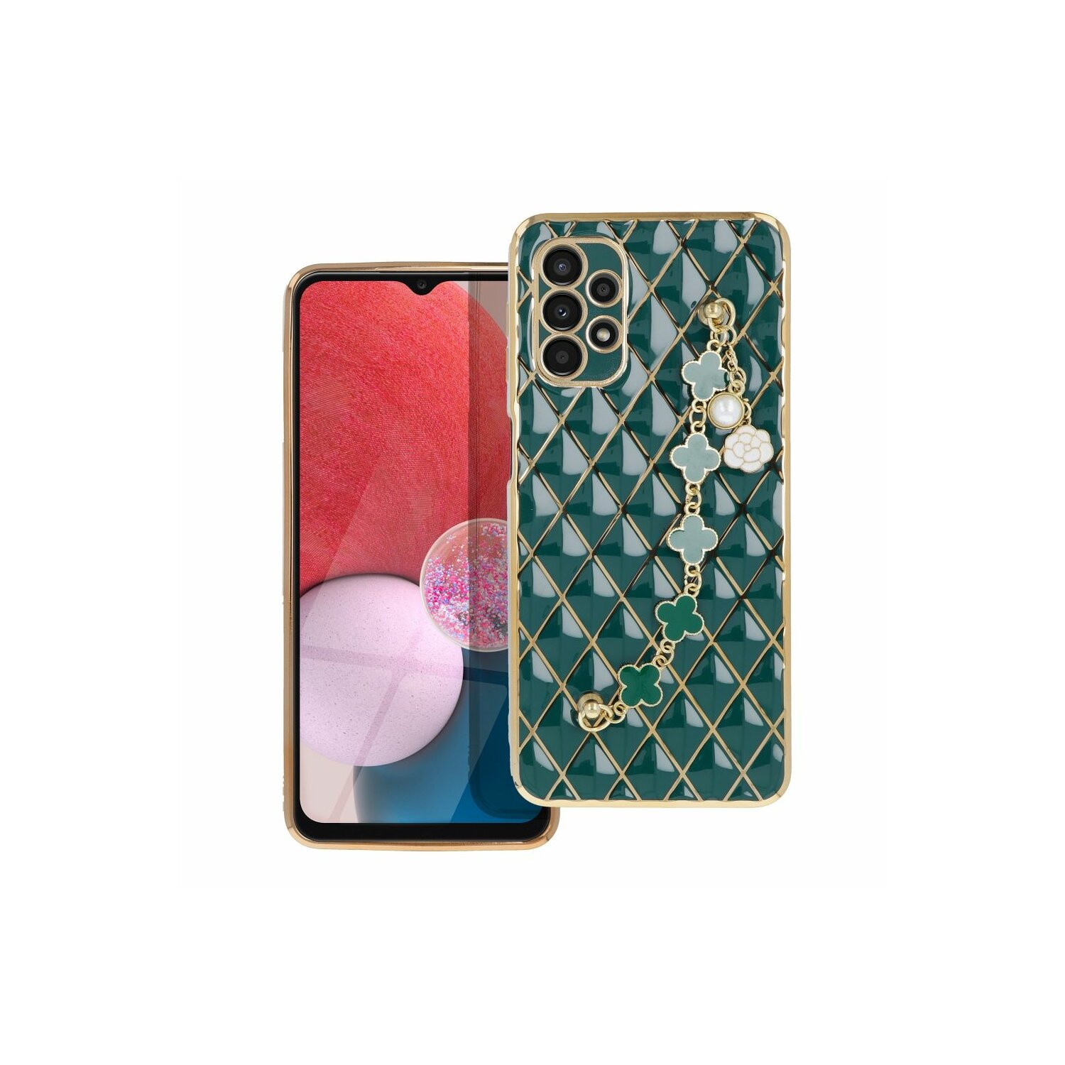 Custodia per telefono verde con finiture dorate e ciondolo decorativo.