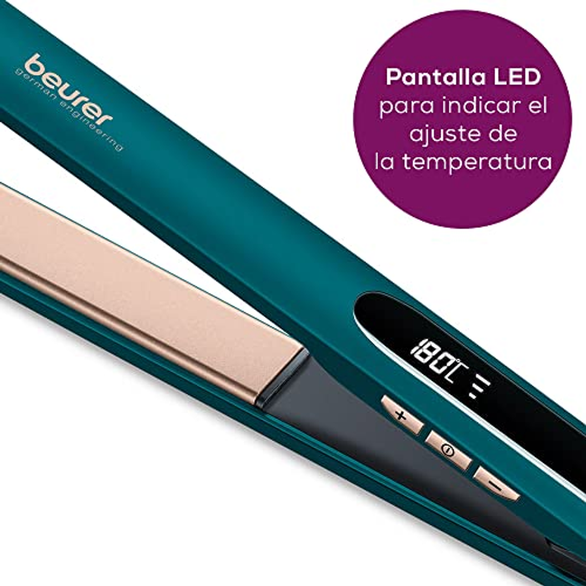 Türkisfarbener Haarglätter, LED-Anzeige zeigt Temp, mit Plus/Minus-Tasten. Marke Beurer sichtbar. Goldene Platten.