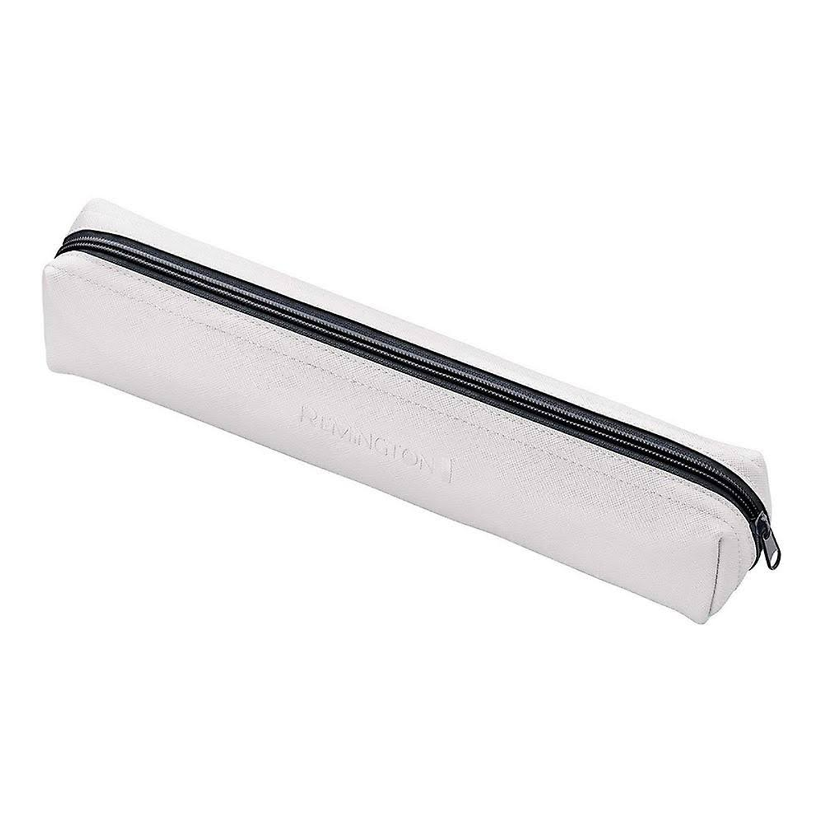 Estuche blanco con cremallera negra y la palabra "Remington" impresa.