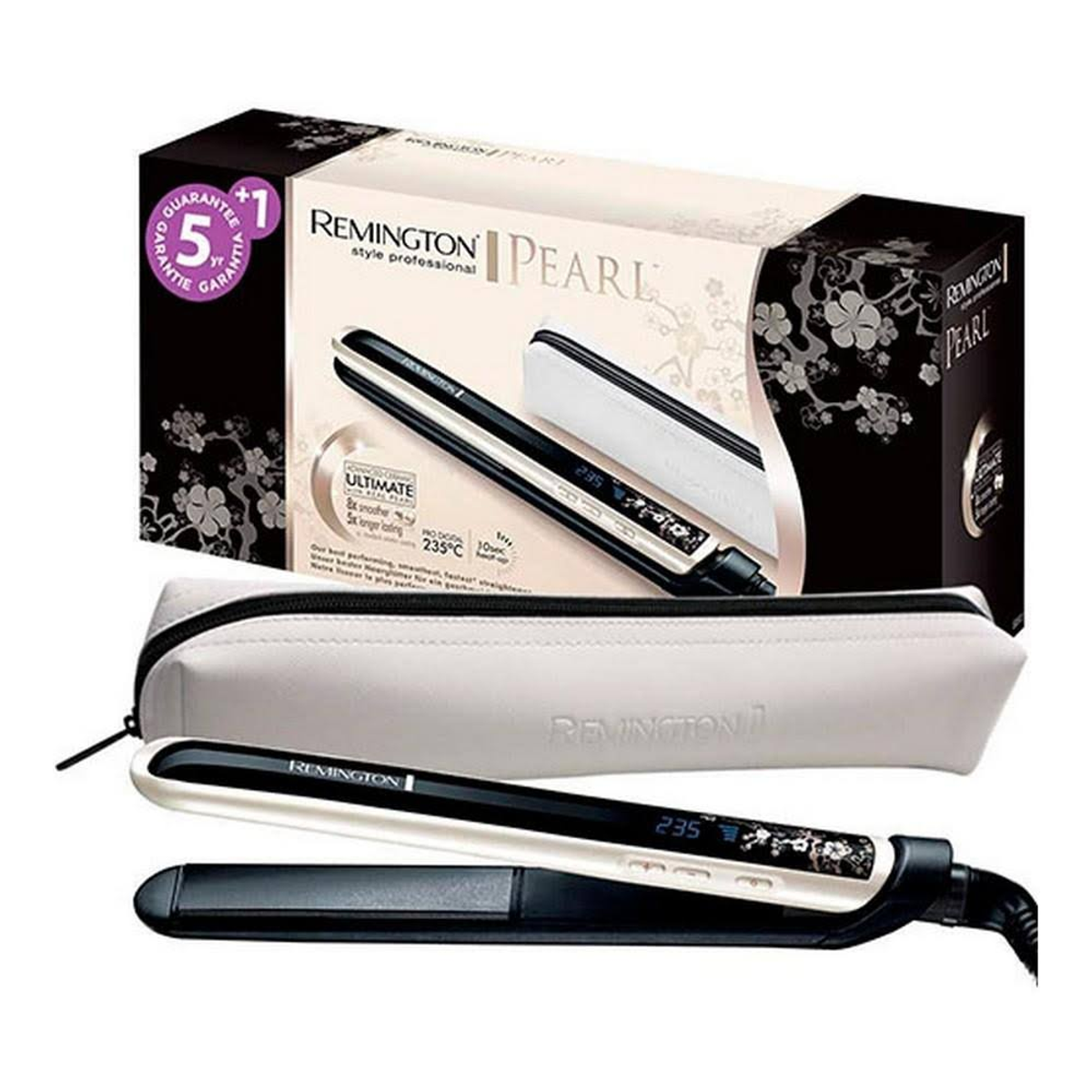 Plancha de pelo y estuche Remington Pearl. La plancha es en blanco y negro.