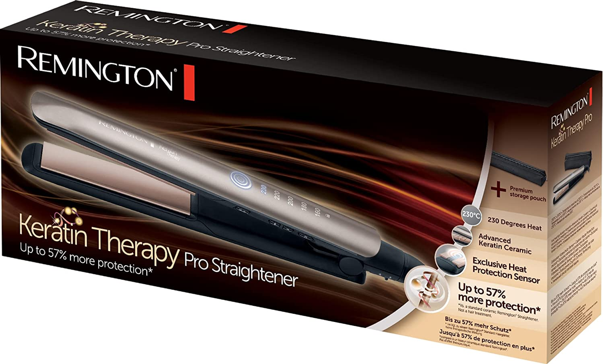 Scatola piastra per capelli Remington con prodotto, caratteristiche e custodia.