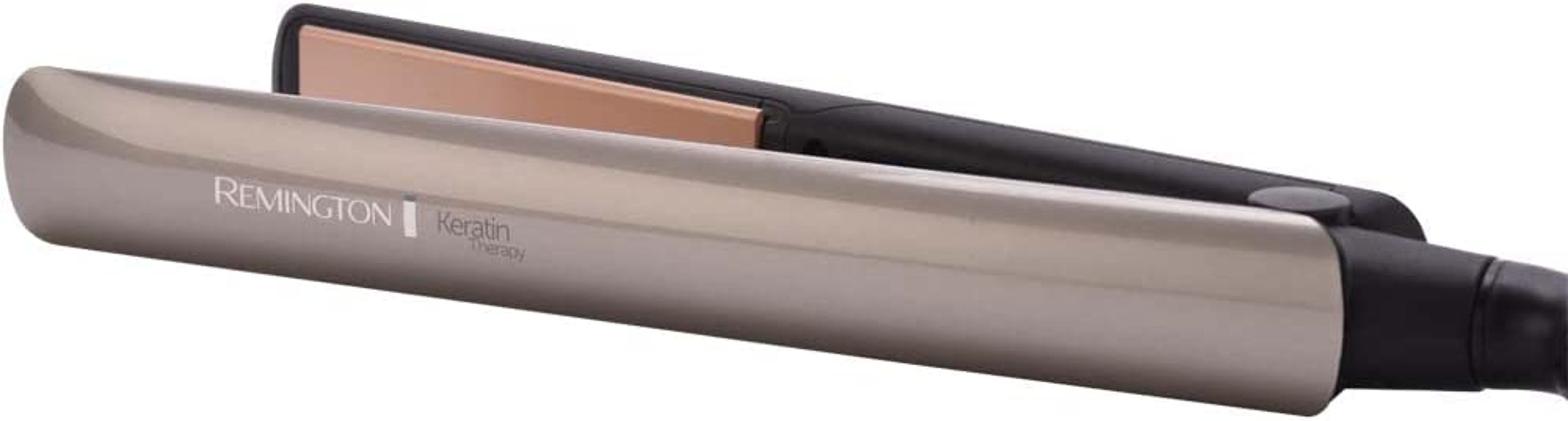 Una piastra per capelli Remington argento, con manico nero e piastre rosa.