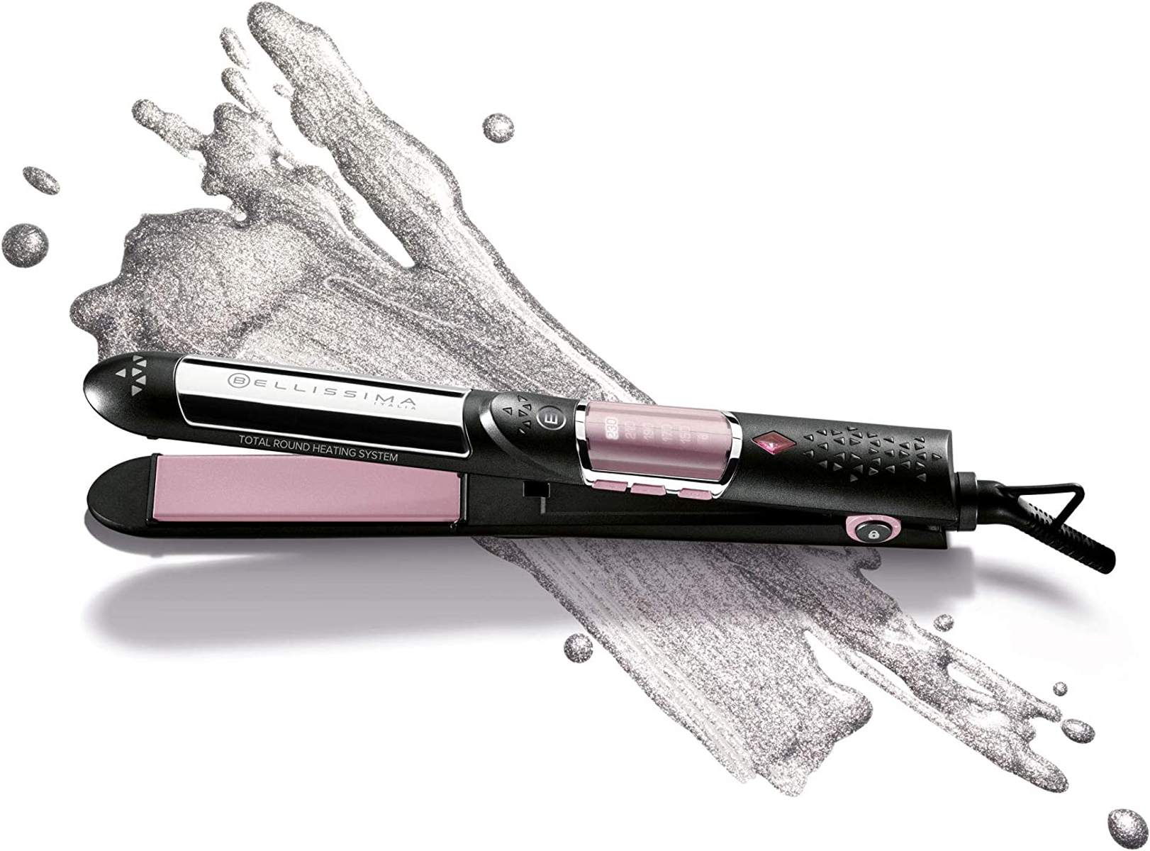 Czarna i różowa prostownica do włosów na białym tle ze srebrnym rozpryskiem farby.
