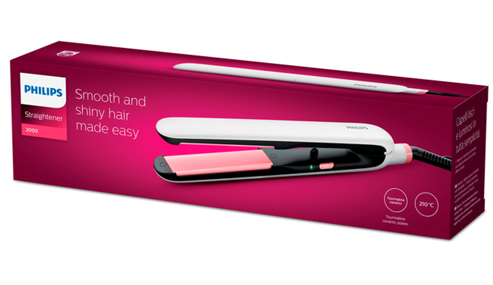 Piastra per capelli Philips rosa e bianca in una scatola. Il prodotto è bianco e rosa.