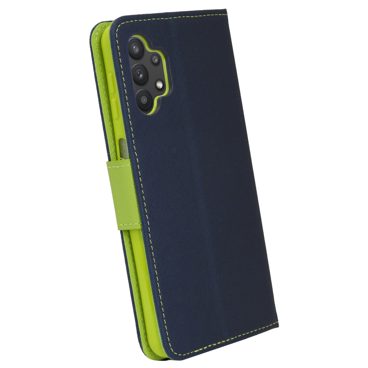 Custodia blu e verde su sfondo bianco, che copre un telefono.