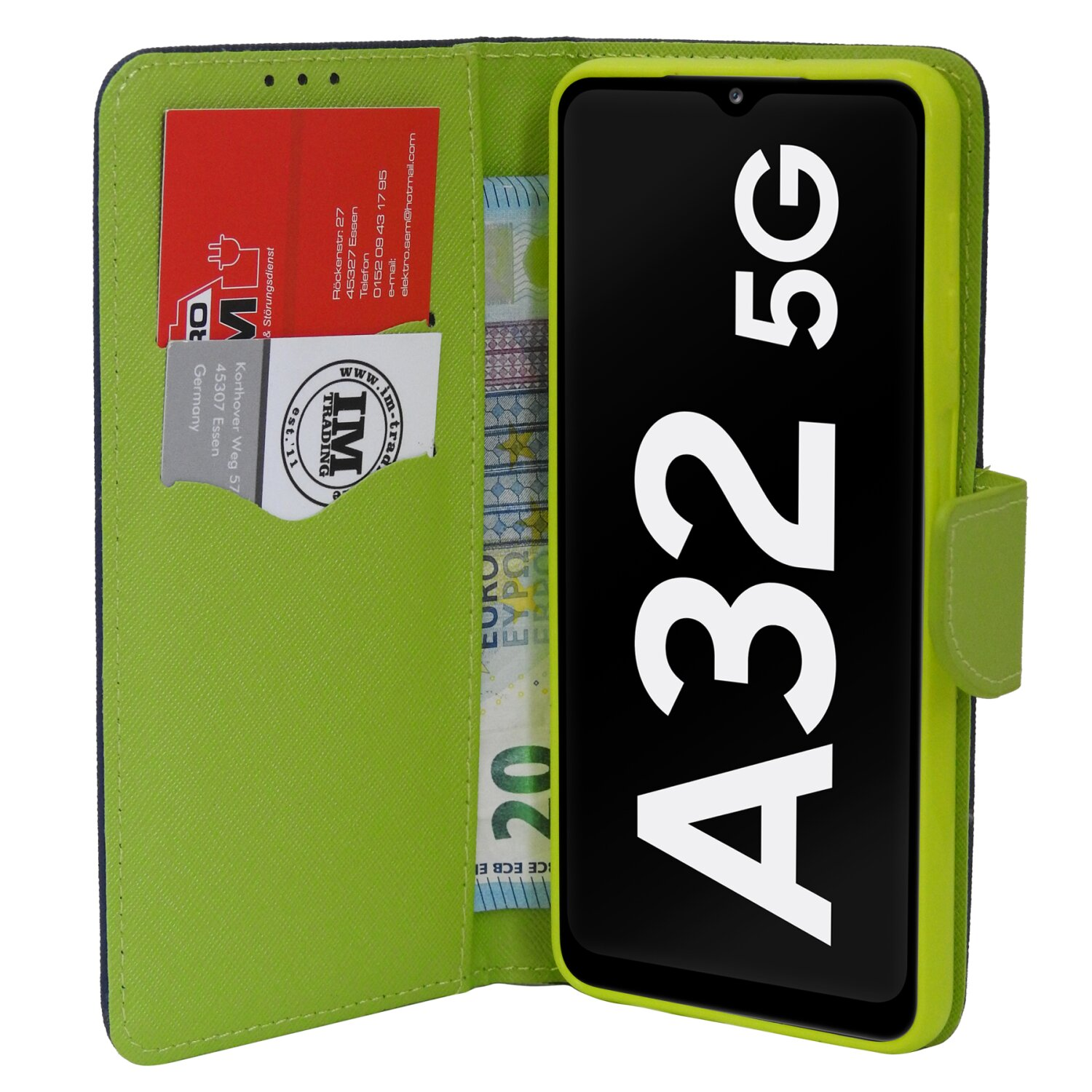 Custodia verde per telefono con un telefono all'interno. Ha scomparti per carte e denaro.