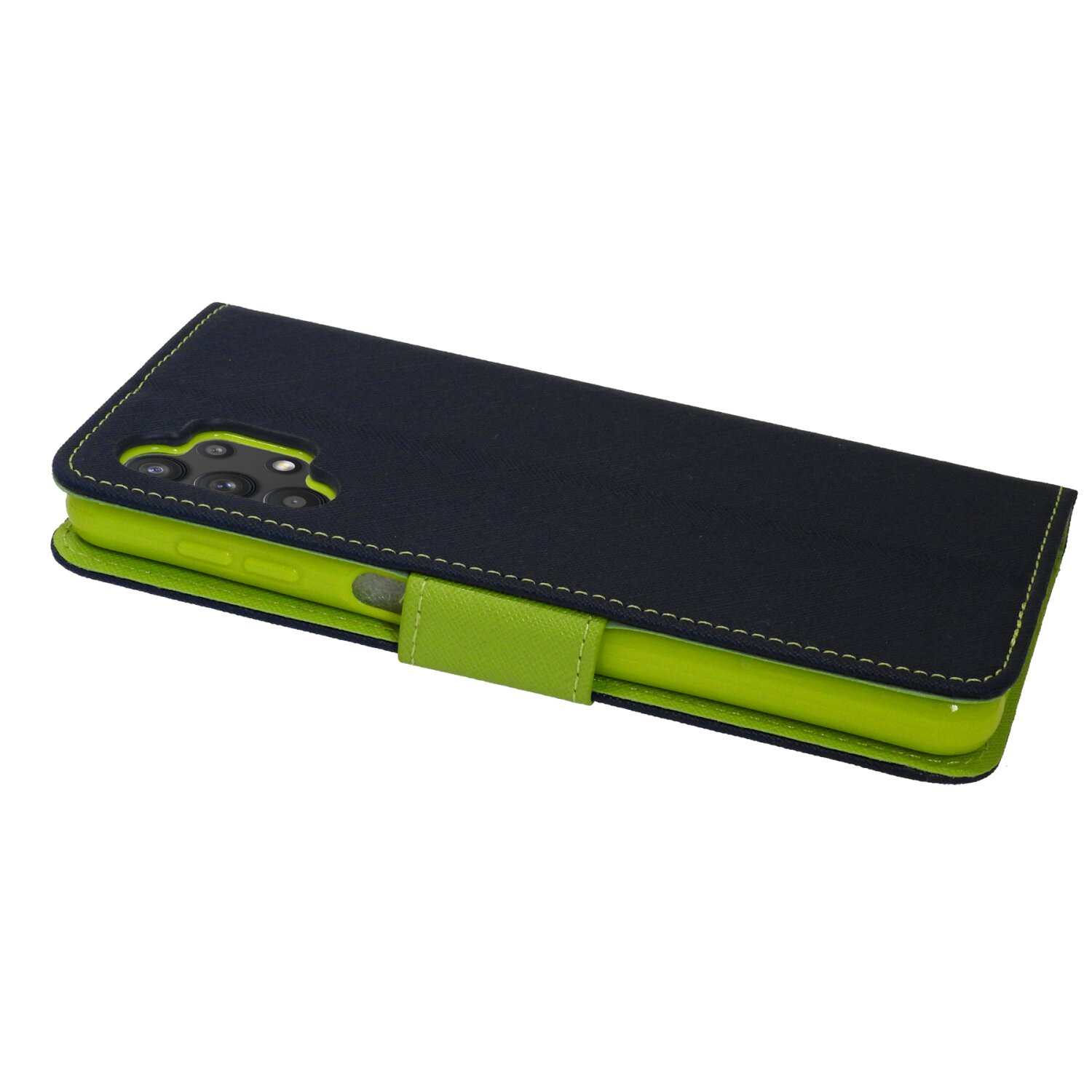 Una custodia per telefono nera chiusa con interno verde.
