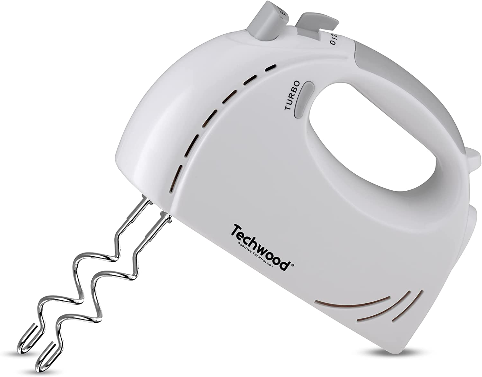 Frullatore a mano bianco con due fruste. Ha un pulsante turbo e un logo Techwood.