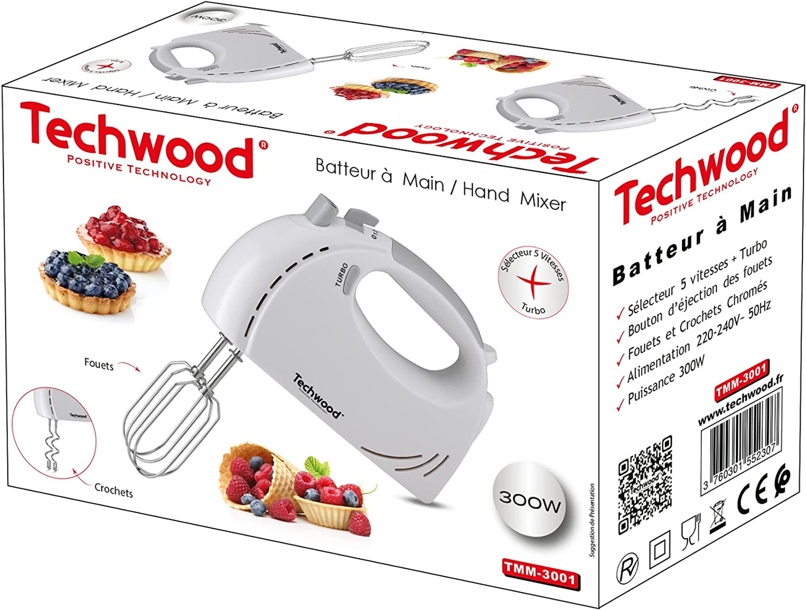Scatola per sbattitore a mano. Sfondo bianco. Grafica sbattitore bianco sulla scatola con decorazioni di frutta.