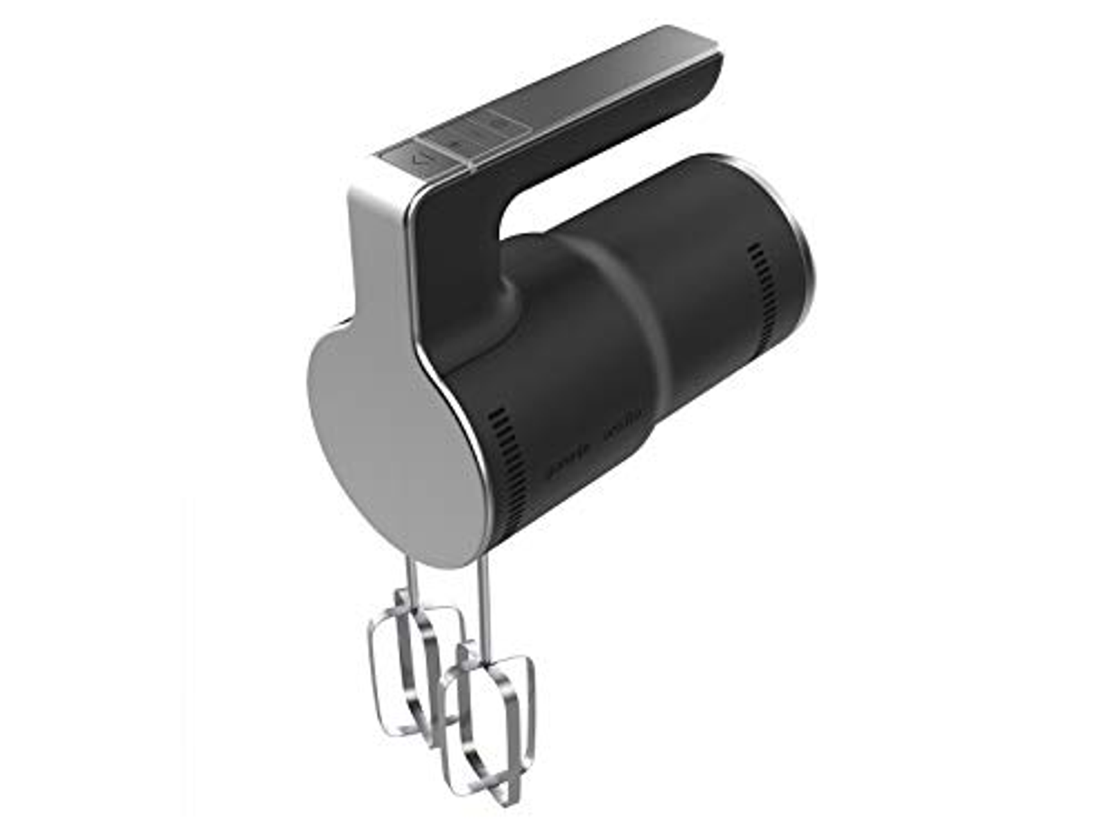 Schwarzer und silberner Handmixer mit zwei Schlagbesen. Der Mixer steht auf einer weißen Oberfläche. Der Griff hat Knöpfe.