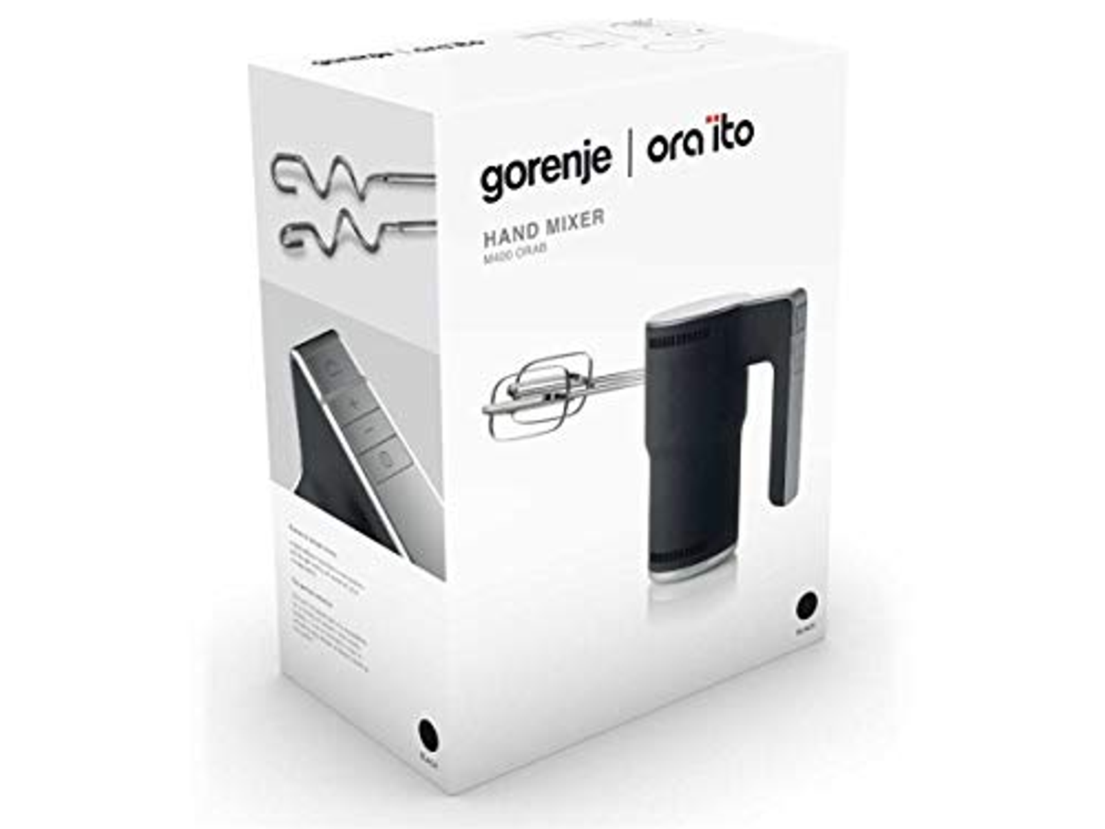 Handmixer auf einer weißen Box. Auf der Box befinden sich Bilder und Text mit der Aufschrift 'gorenje ora ito HAND MIXER'.