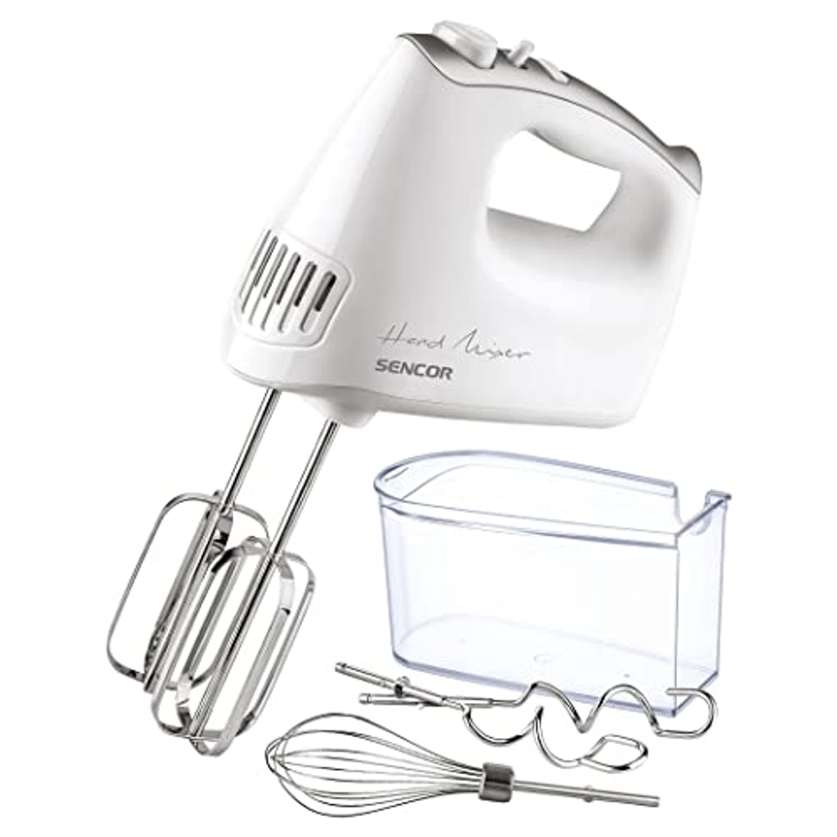 Frullatore a mano bianco con accessori. Include fruste, una scatola e una frusta.