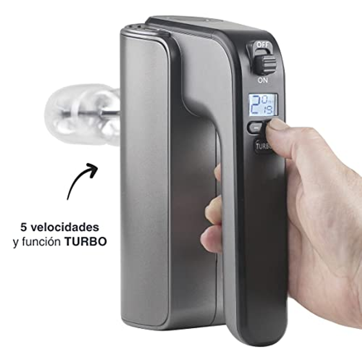 Handmixer, grau, zeigt Geschwindigkeitseinstellungen auf digitalem Display.