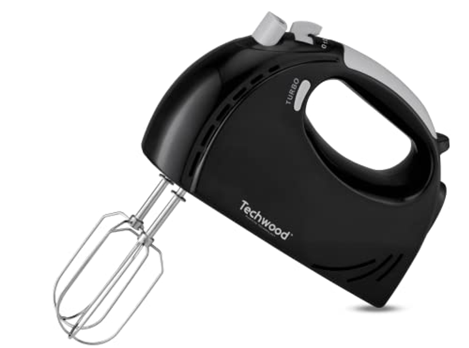 Frullatore a mano nero con fruste. Il nome Techwood è visibile.
