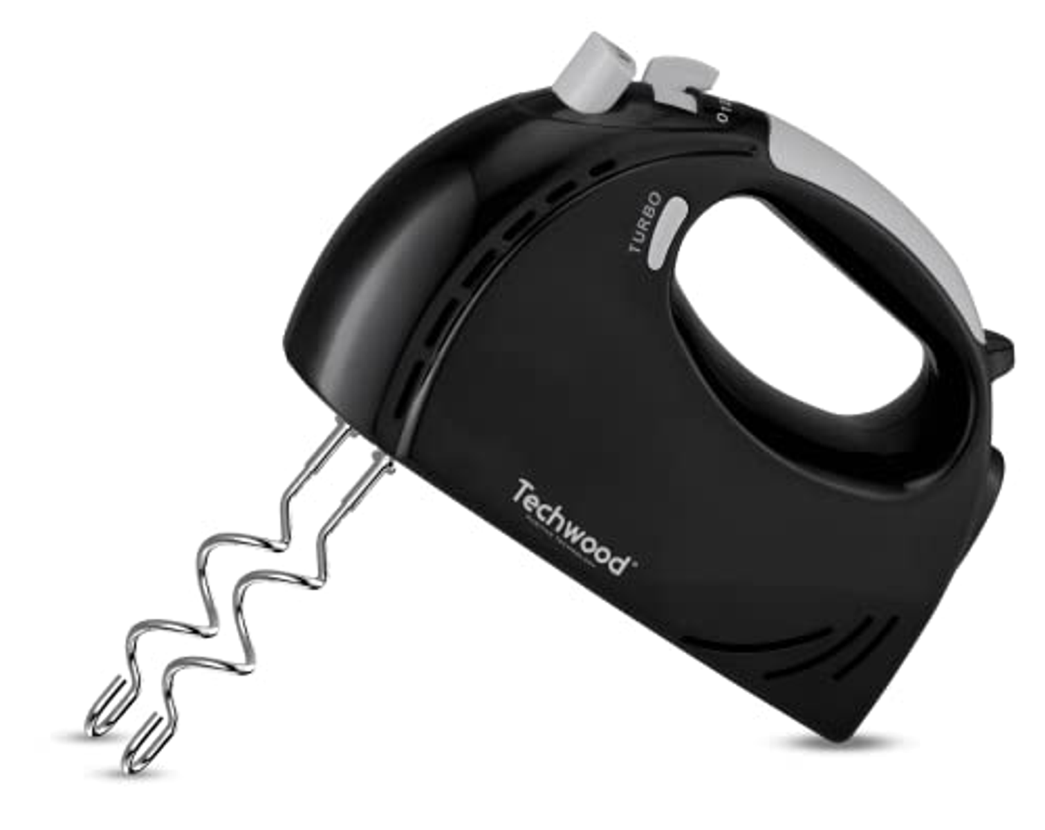 Frullatore a mano nero con pulsante turbo e logo Techwood.