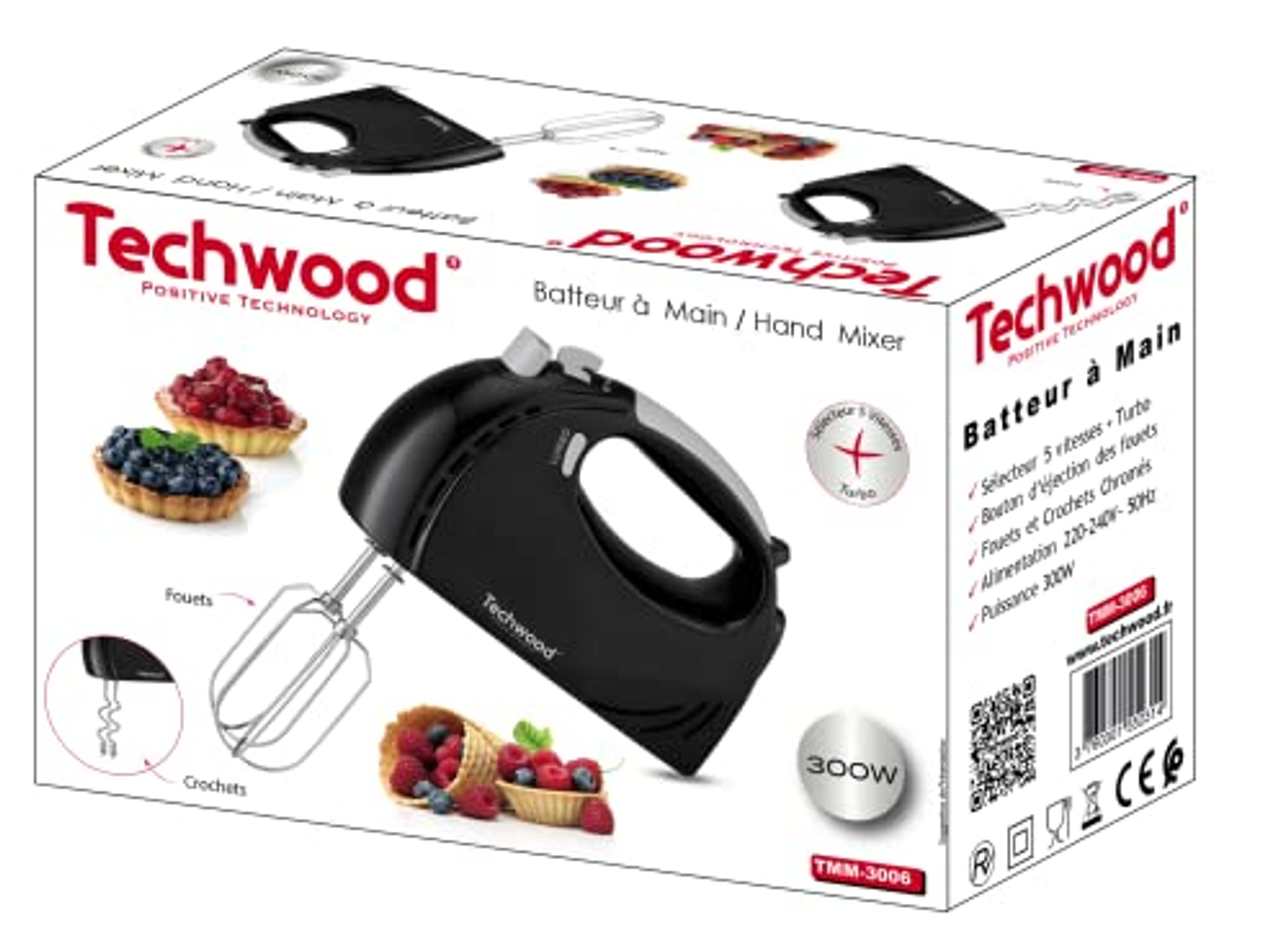 Un frullatore a mano Techwood nero in una scatola con foto di pasticceria e testo.
