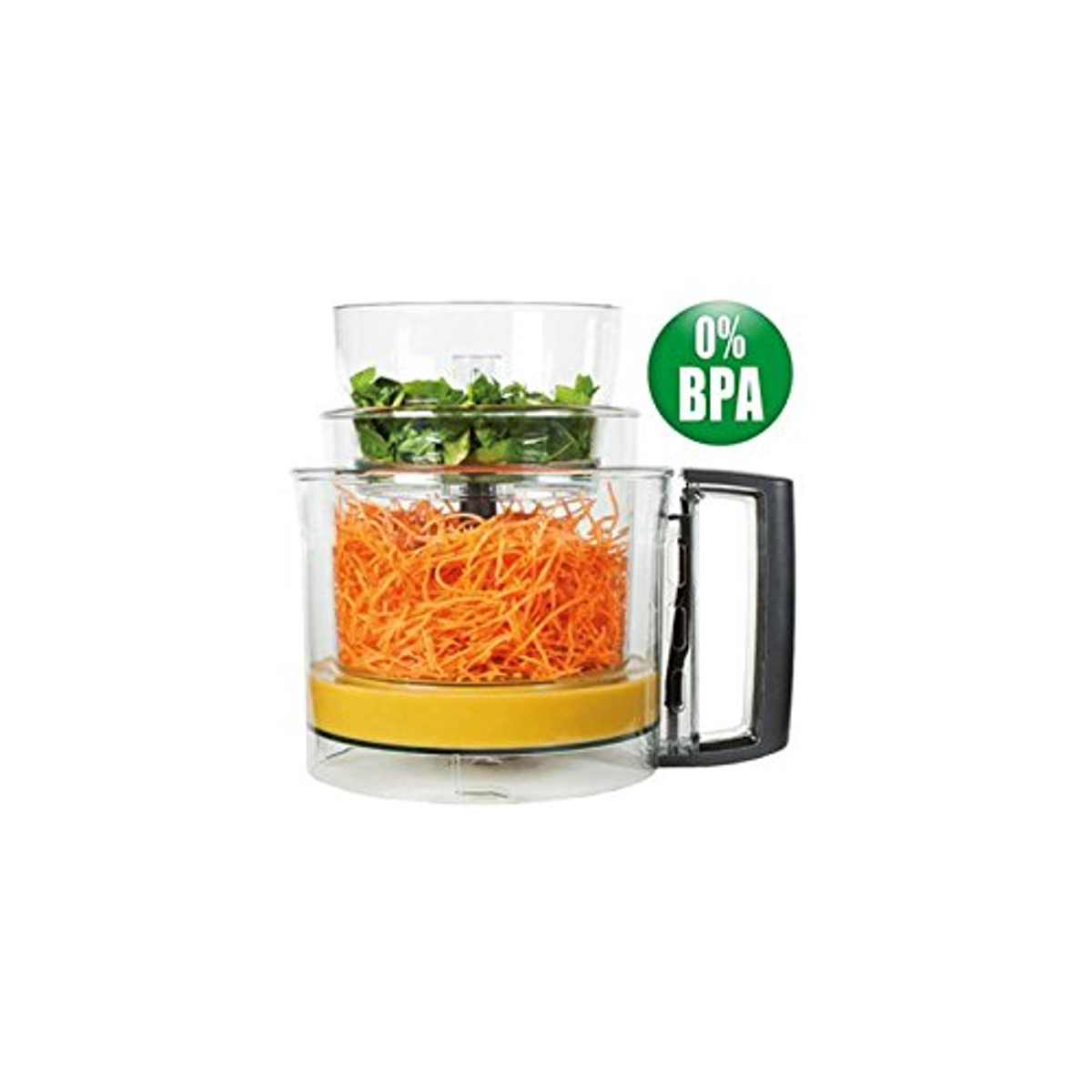 Robot da cucina con carote e verdure, con un badge 0% BPA.